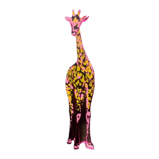 Black giraffe-shaped leather bookmark with a pink outline and yellow and gold embossed detailing.