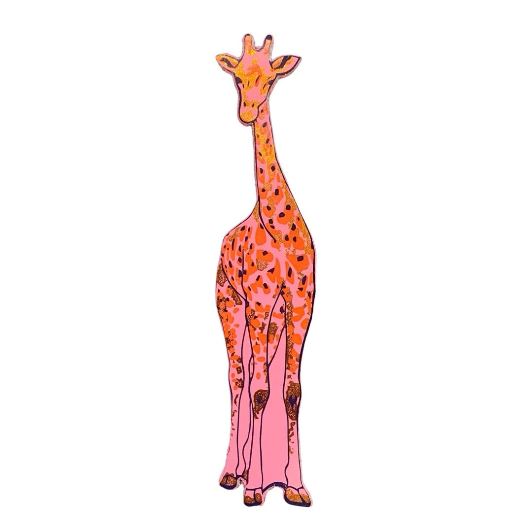 Pink giraffe-shaped leather bookmark with a black outline and orange and gold embossed detailing.