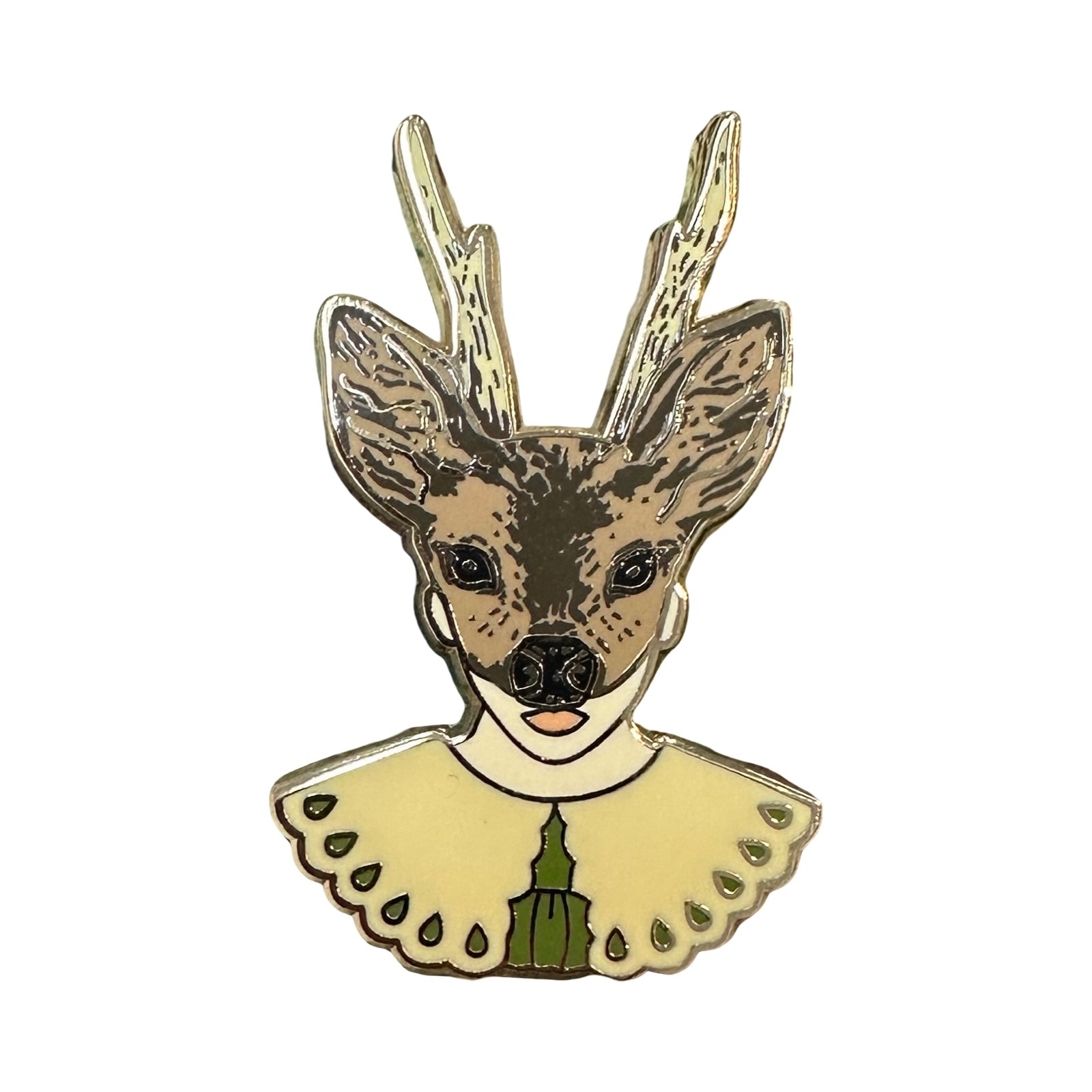 This enamel pin badge features a girl's head wearing a deer mask. 