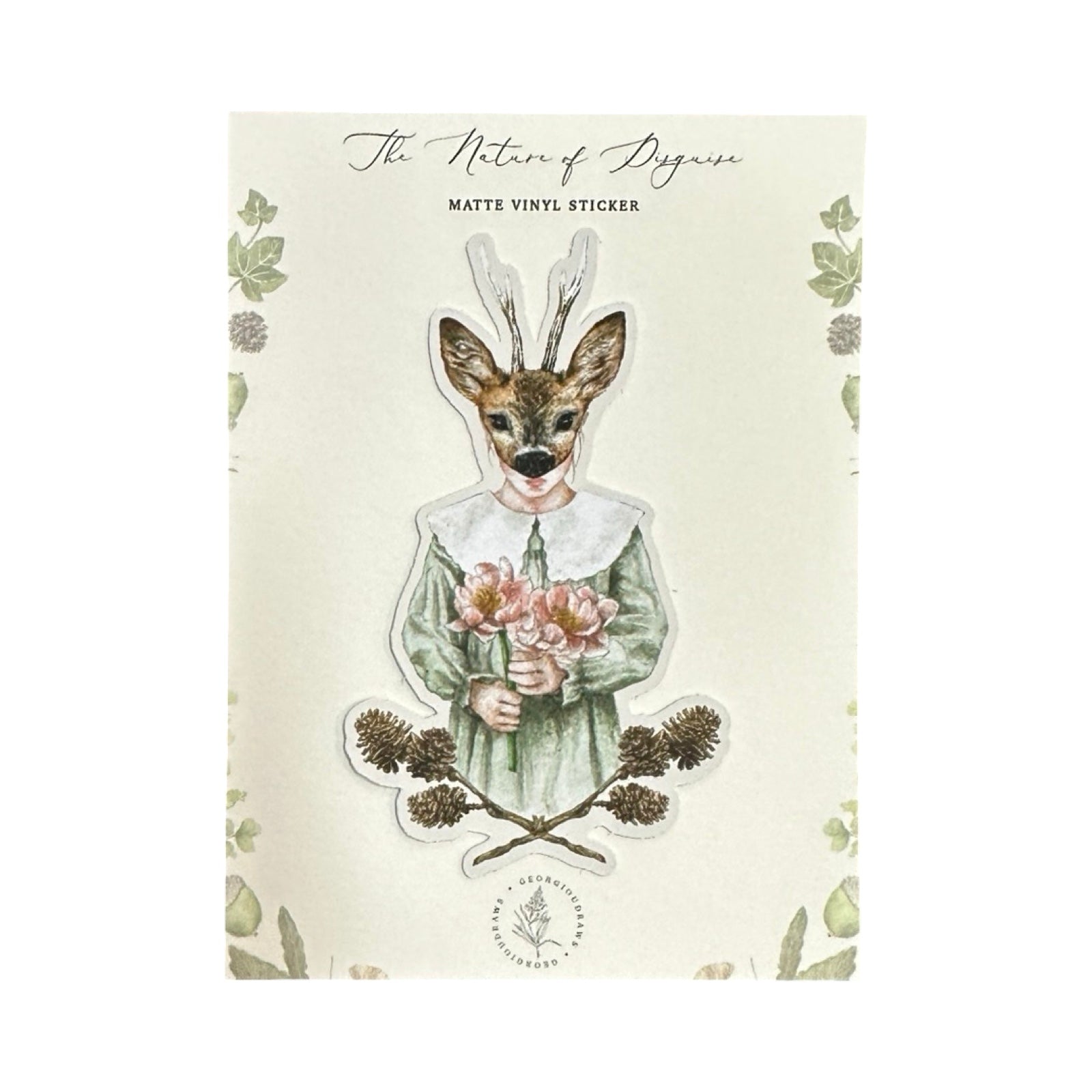 A vinyl watercolour sticker of a girl wearing a deer mask, dressed in a green dress with a fabulous lace collar and holding a bunch of pink flowers. 