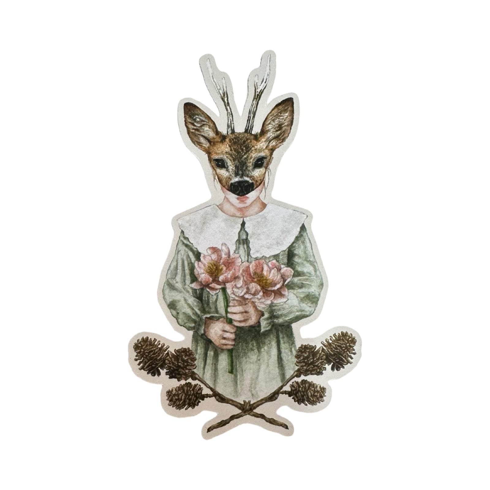 A vinyl watercolour sticker of a girl wearing a deer mask, dressed in a green dress with a fabulous lace collar and holding a bunch of pink flowers. 