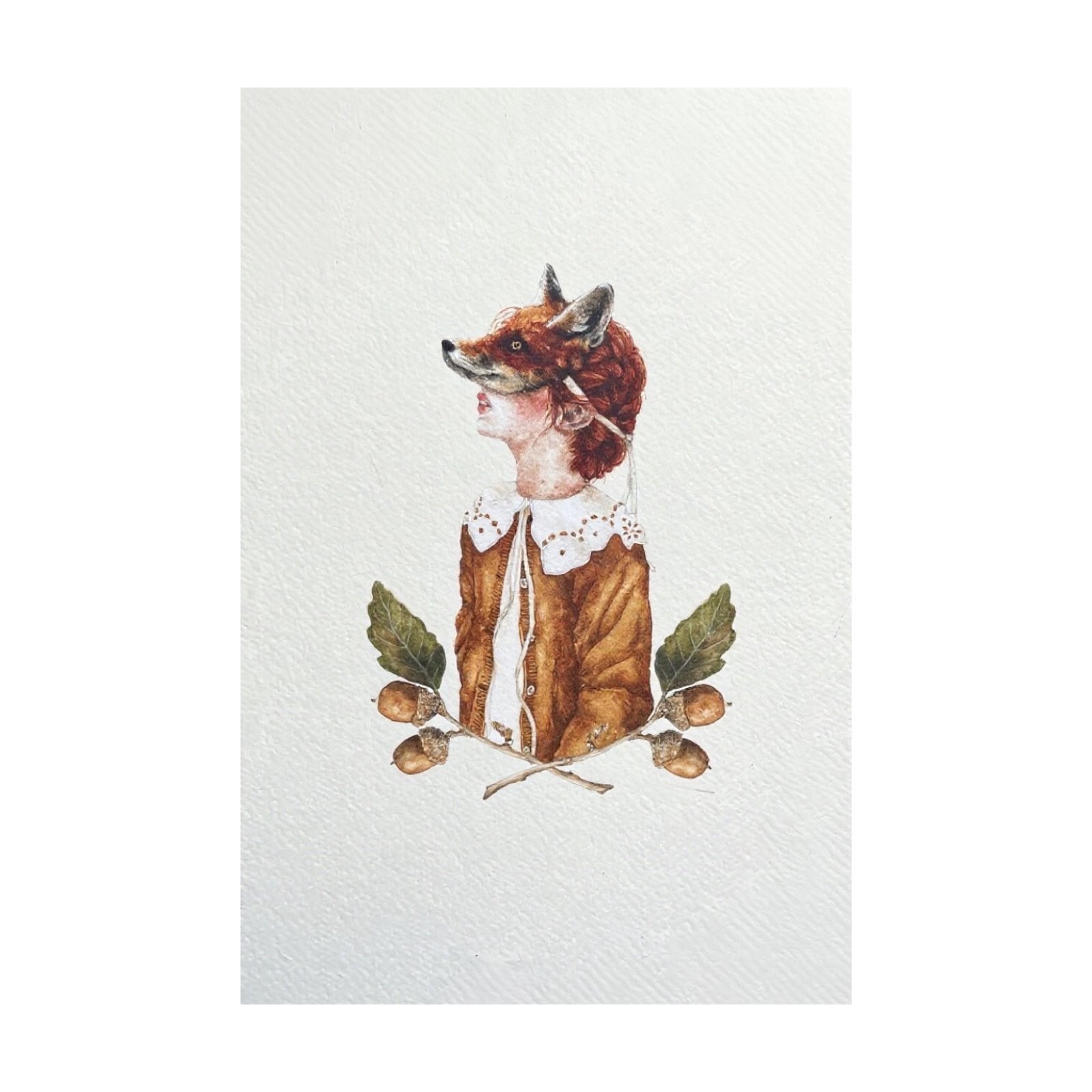 An art print of a girl wearing a fox mask, dressed in a white shirt with a fabulous lace collar and a brown coat, and surrounded by leaves and acorns.