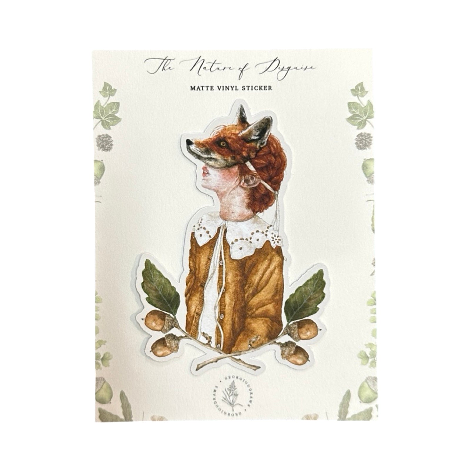 A vinyl watercolour sticker of a girl wearing a fox mask, dressed in a white shirt with a fabulous lace collar and a brown coat, and surrounded by leaves and acorns.