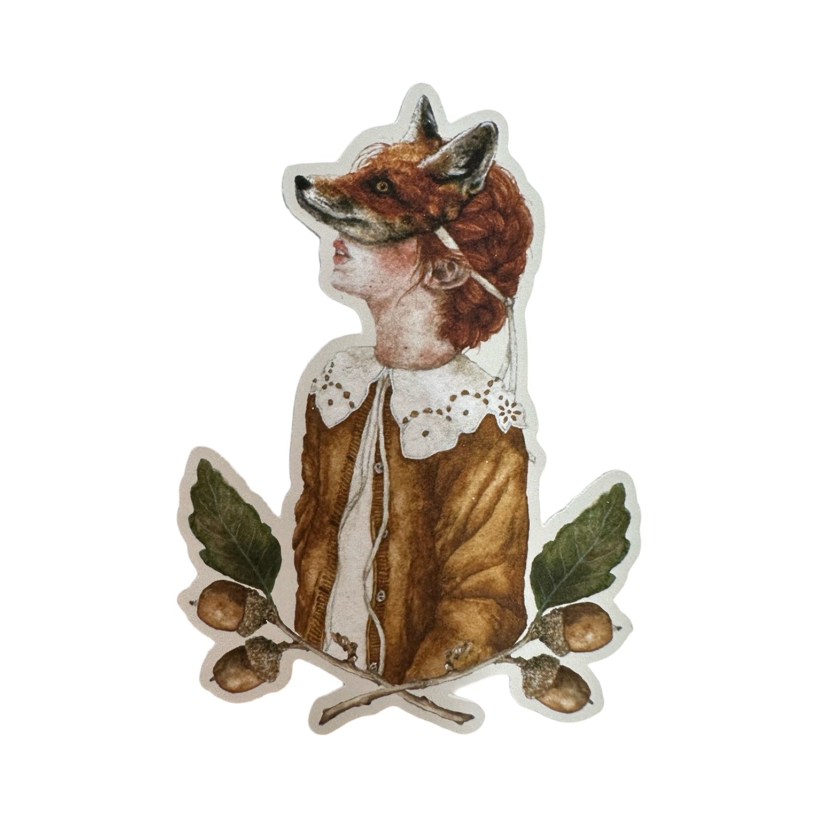 A vinyl watercolour sticker of a girl wearing a fox mask, dressed in a white shirt with a fabulous lace collar and a brown coat, and surrounded by leaves and acorns.