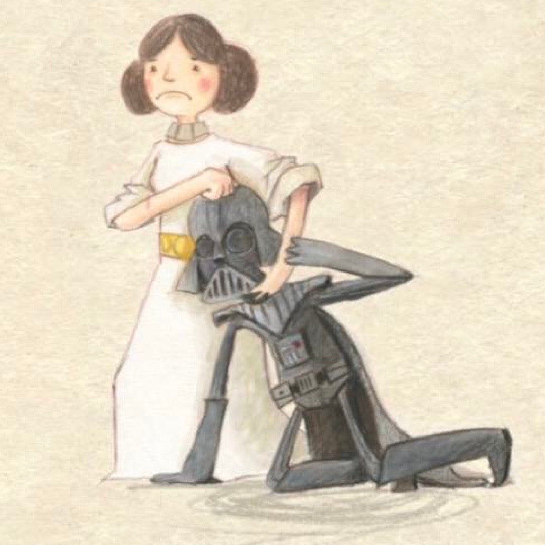 Girl power card featuring an illustration of Princess Leia holding Darth Vadar in a headlock.