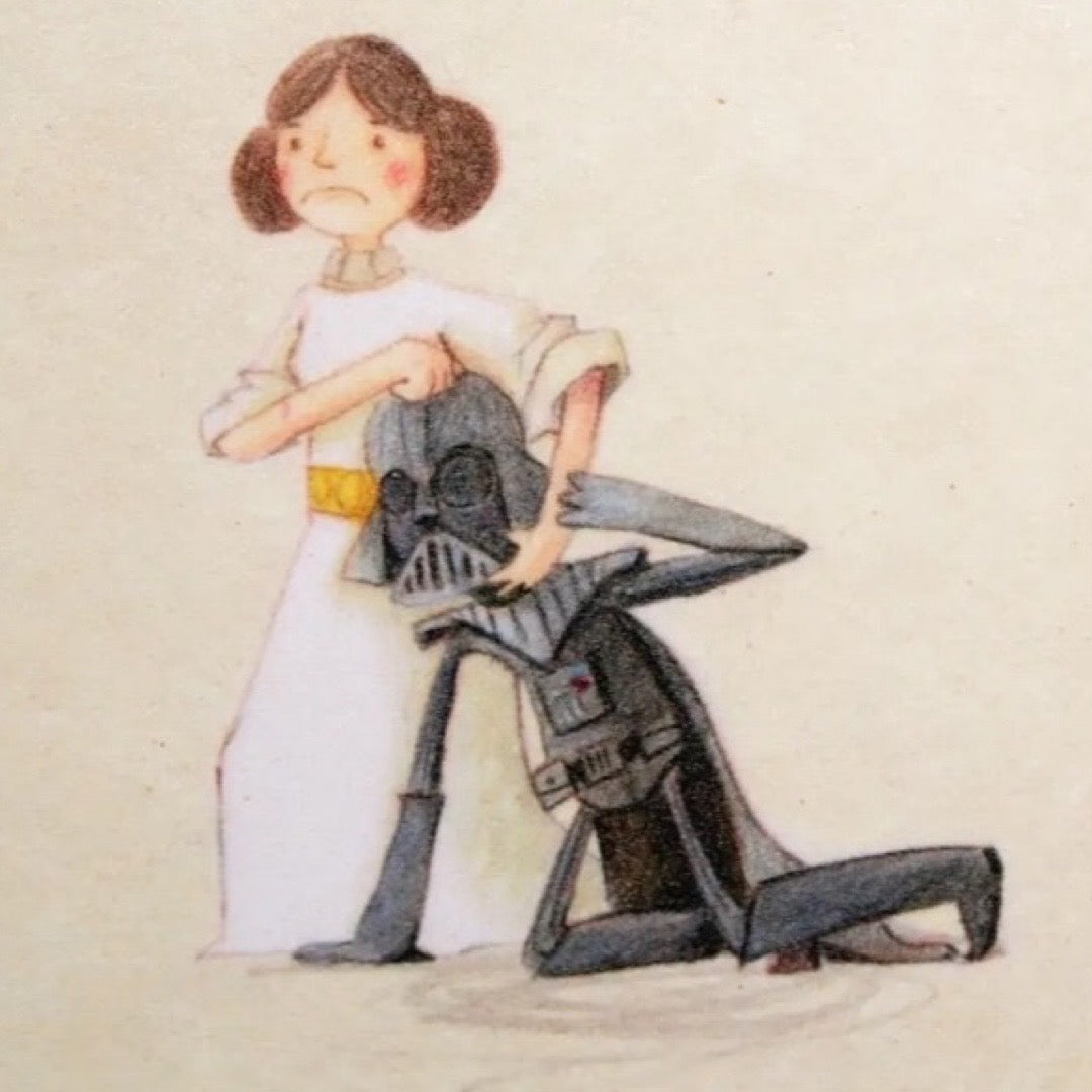 Coaster featuring an illustration of Princess Leia holding Darth Vadar in a headlock.