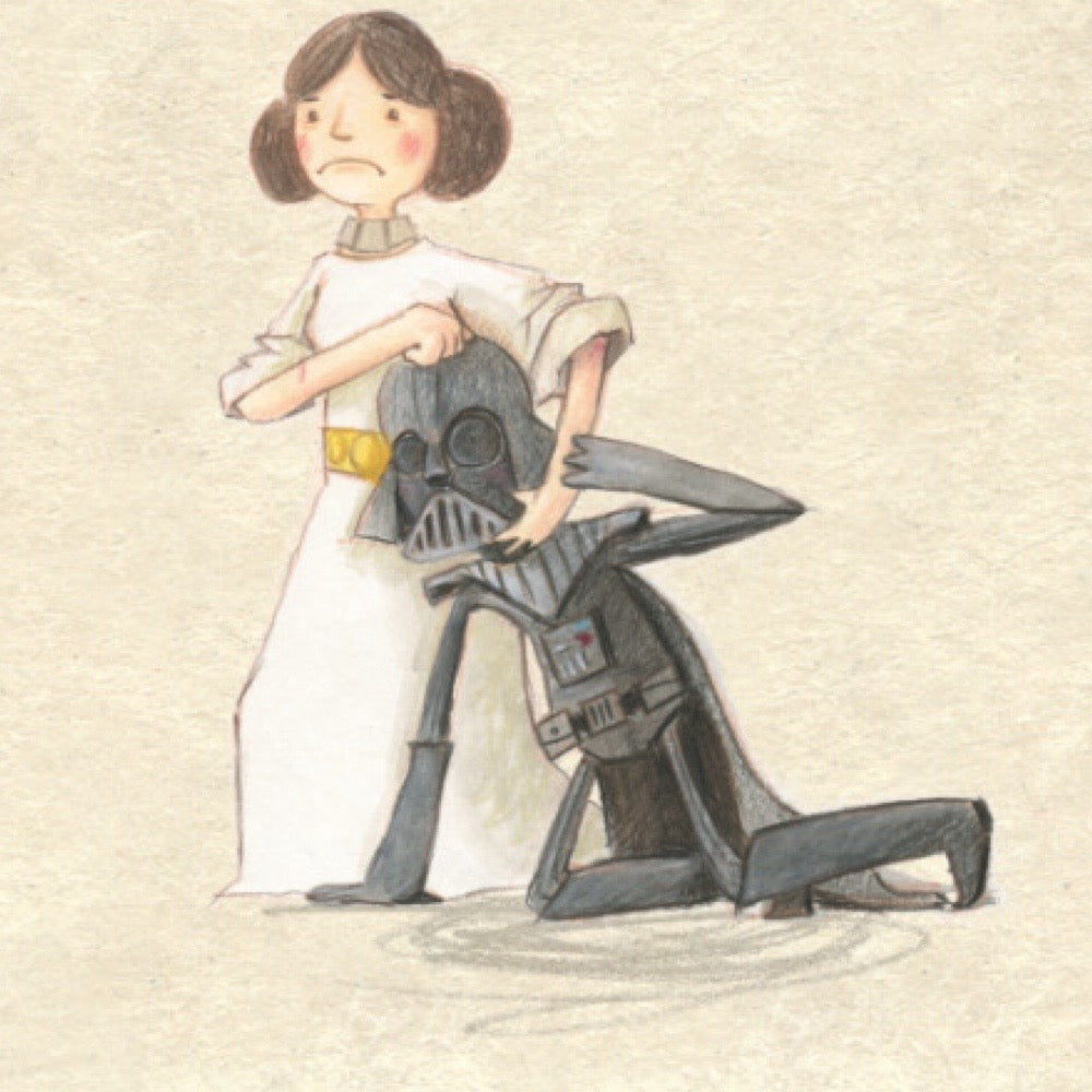 Illustrated square print of Princess Leia holding Darth Vadar in a headlock.