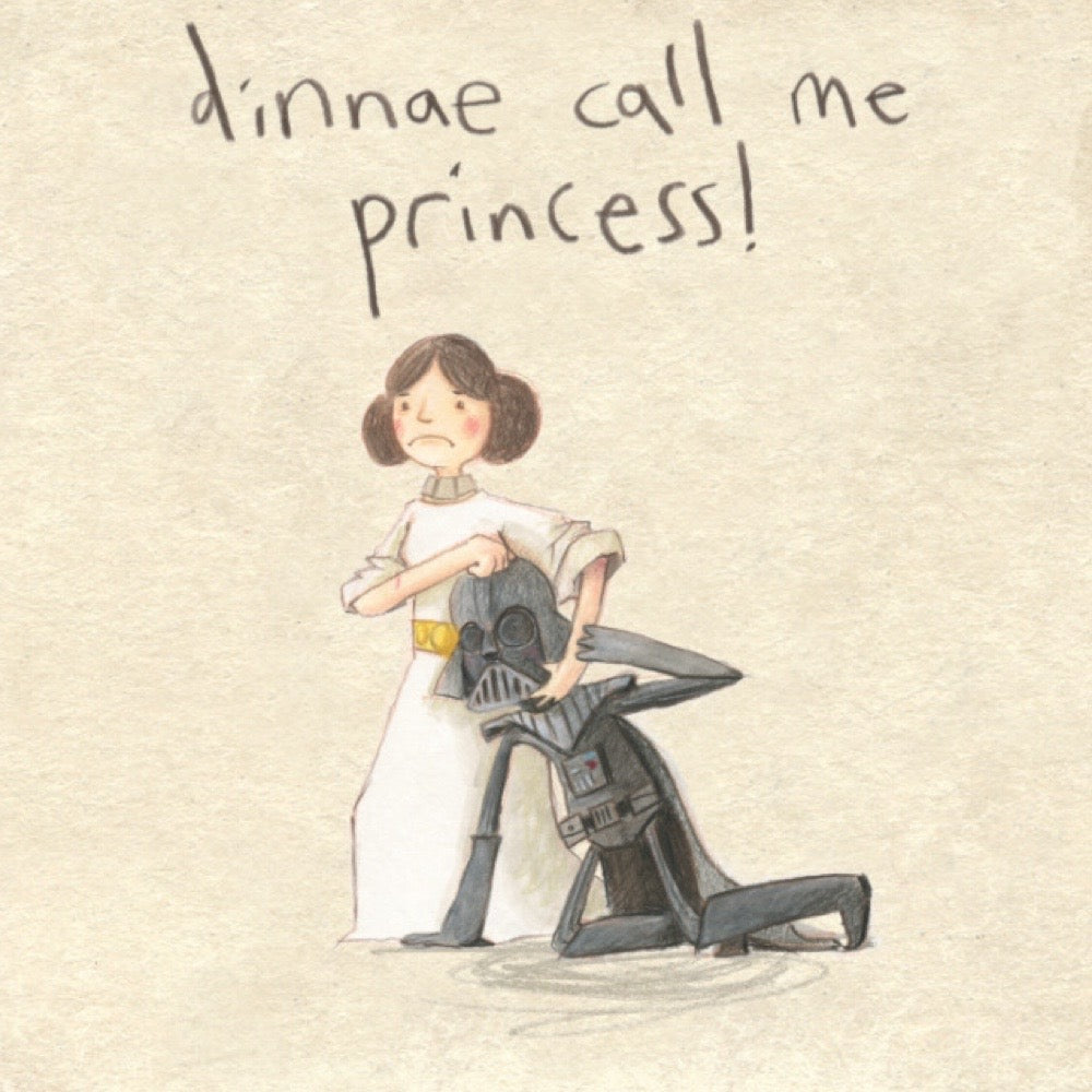 Illustrated square print of Princess Leia holding Darth Vadar in a headlock, with the text 'Dinnae call me a princess'. 