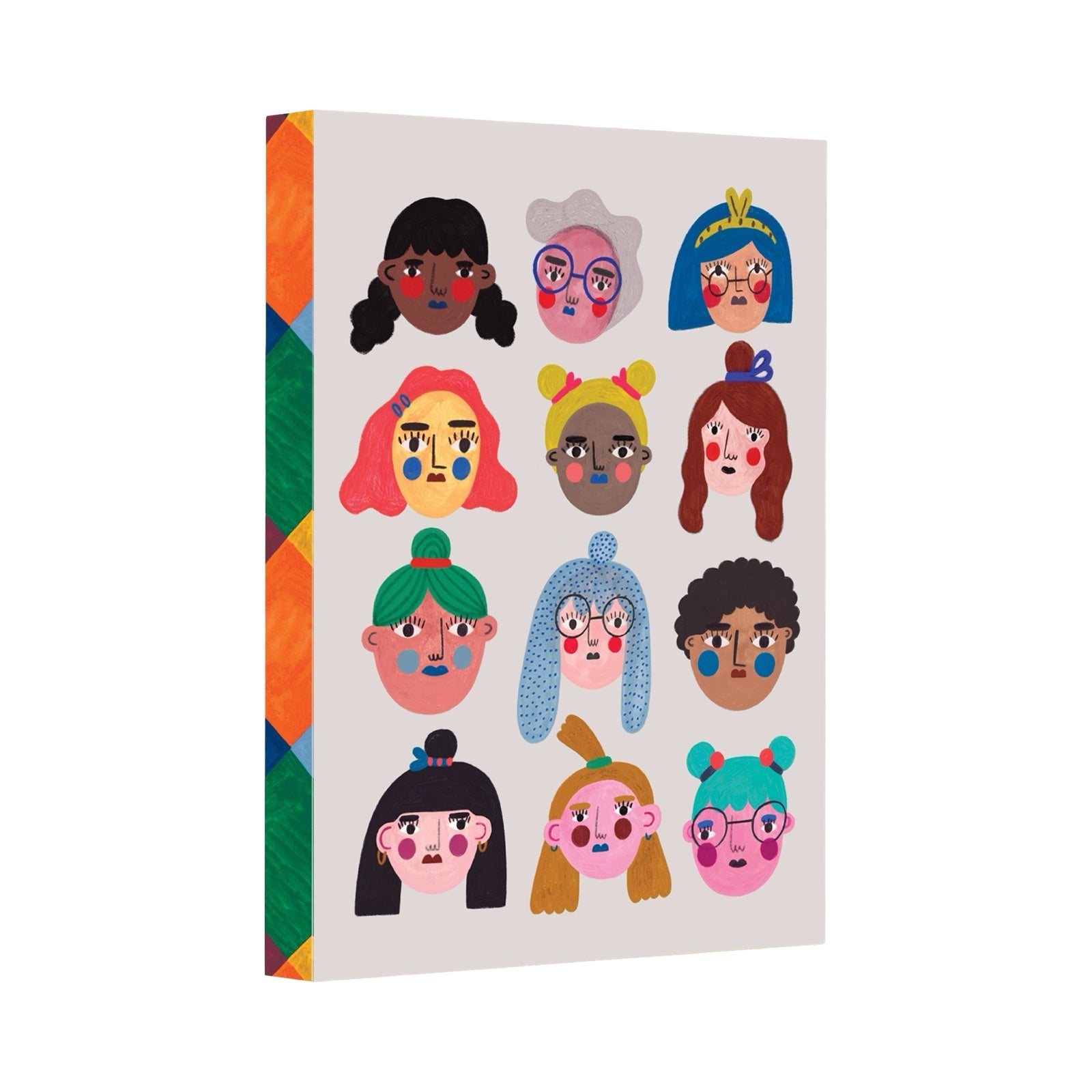 Notebook with colourful illustrations of diverse faces on a white background.