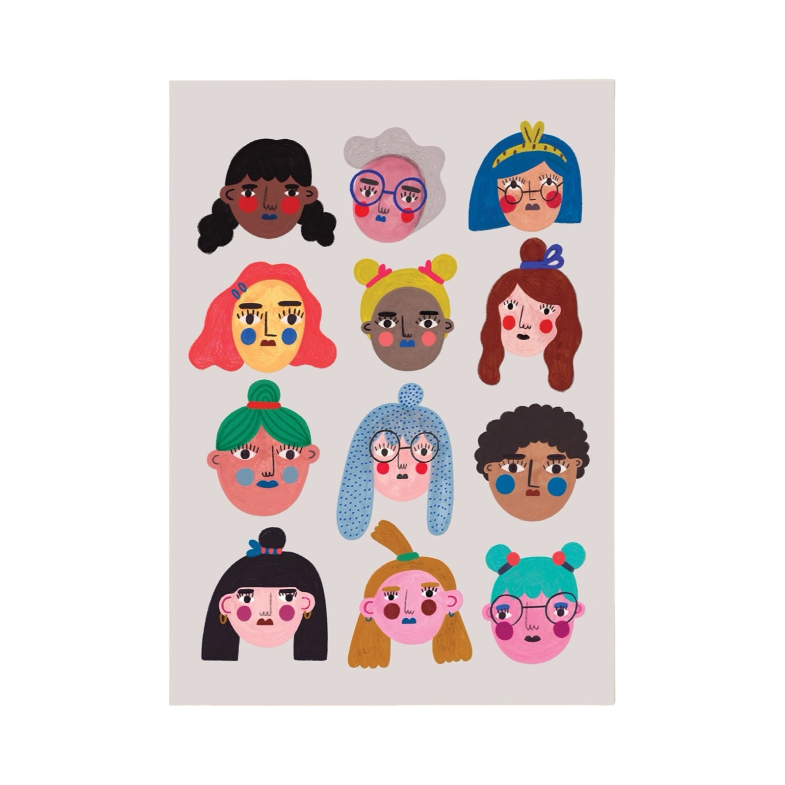 Illustrations of diverse faces with colourful hairstyles on a light background.