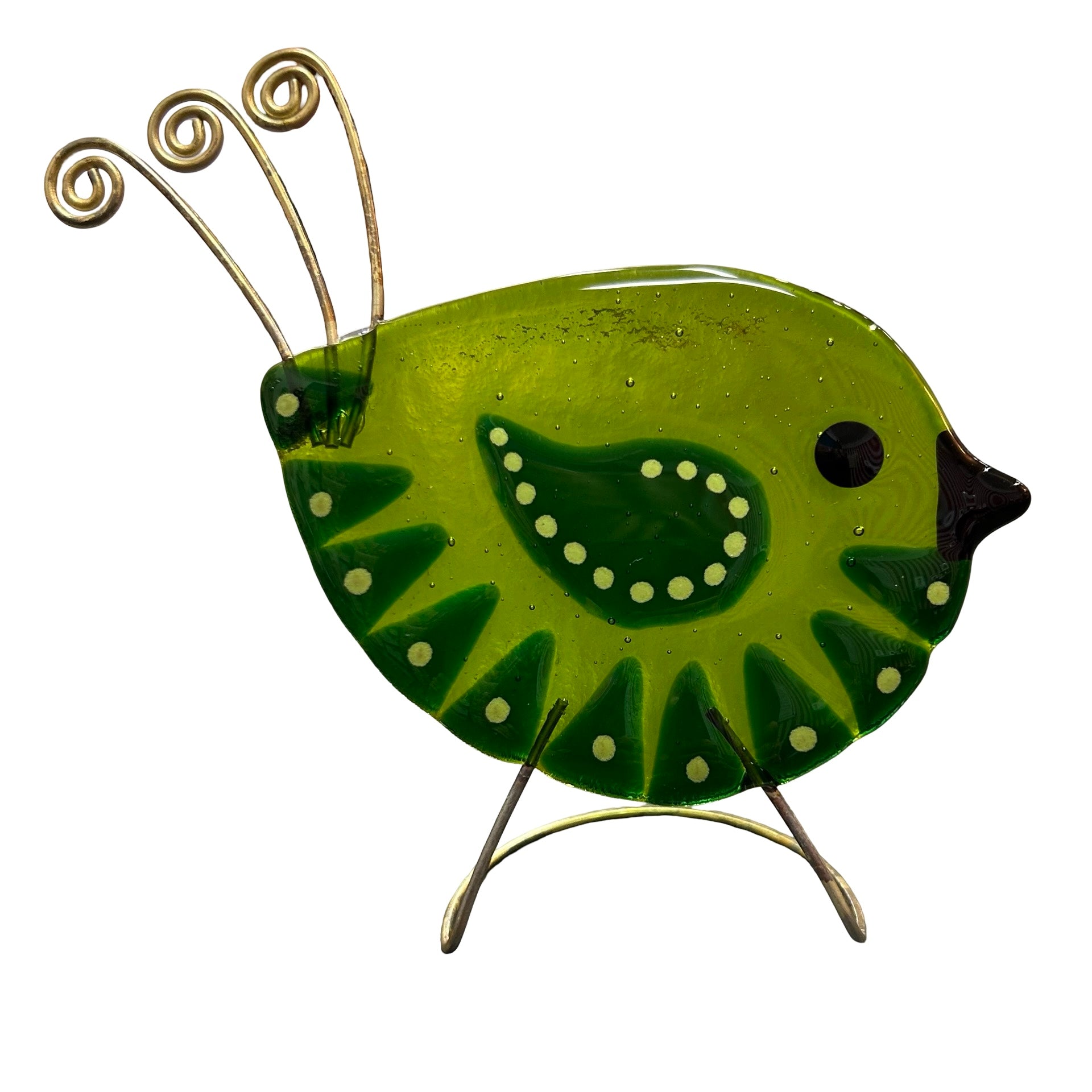Green glass bird ornament with wire legs on a white background.