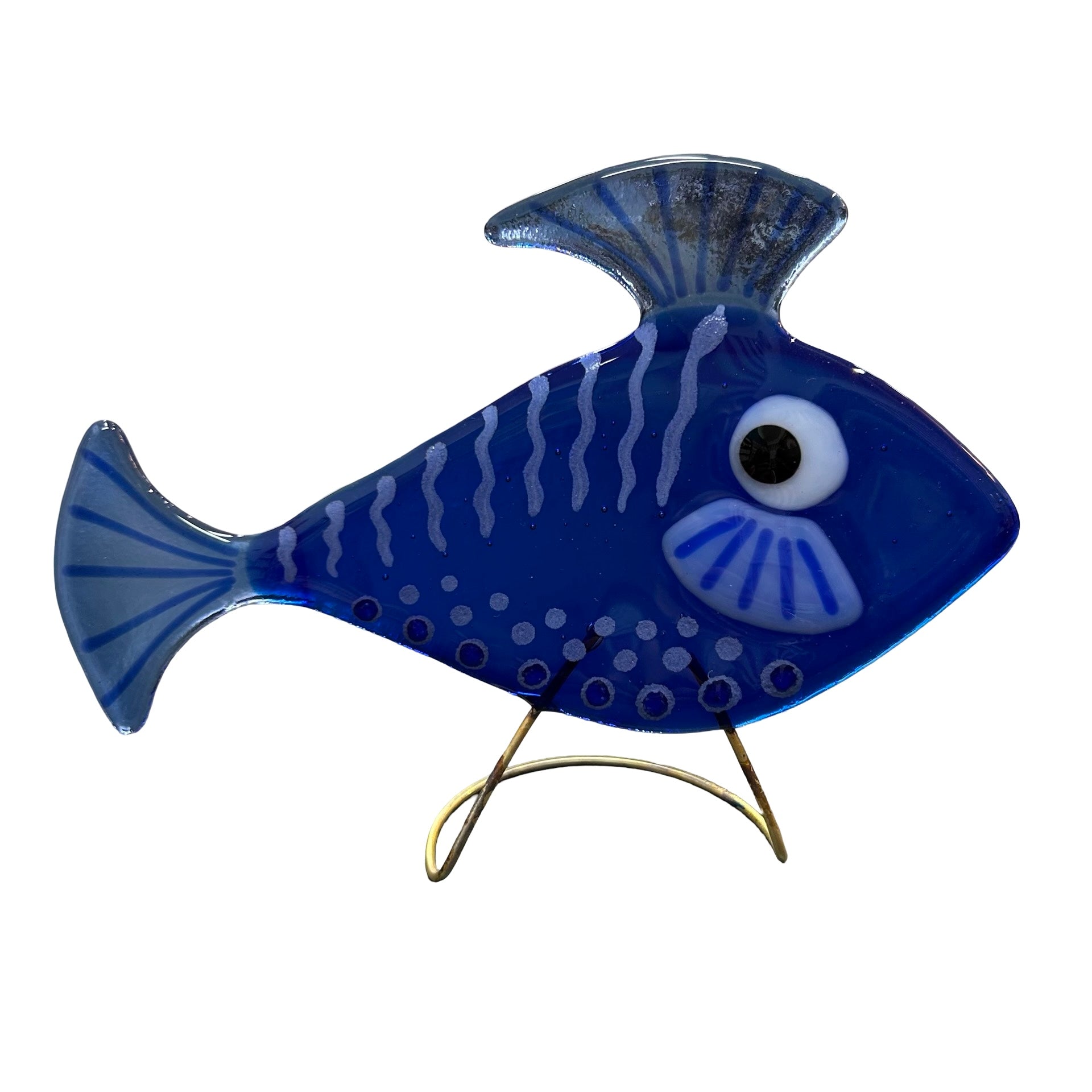 Blue fish-shaped ornament on a white background.