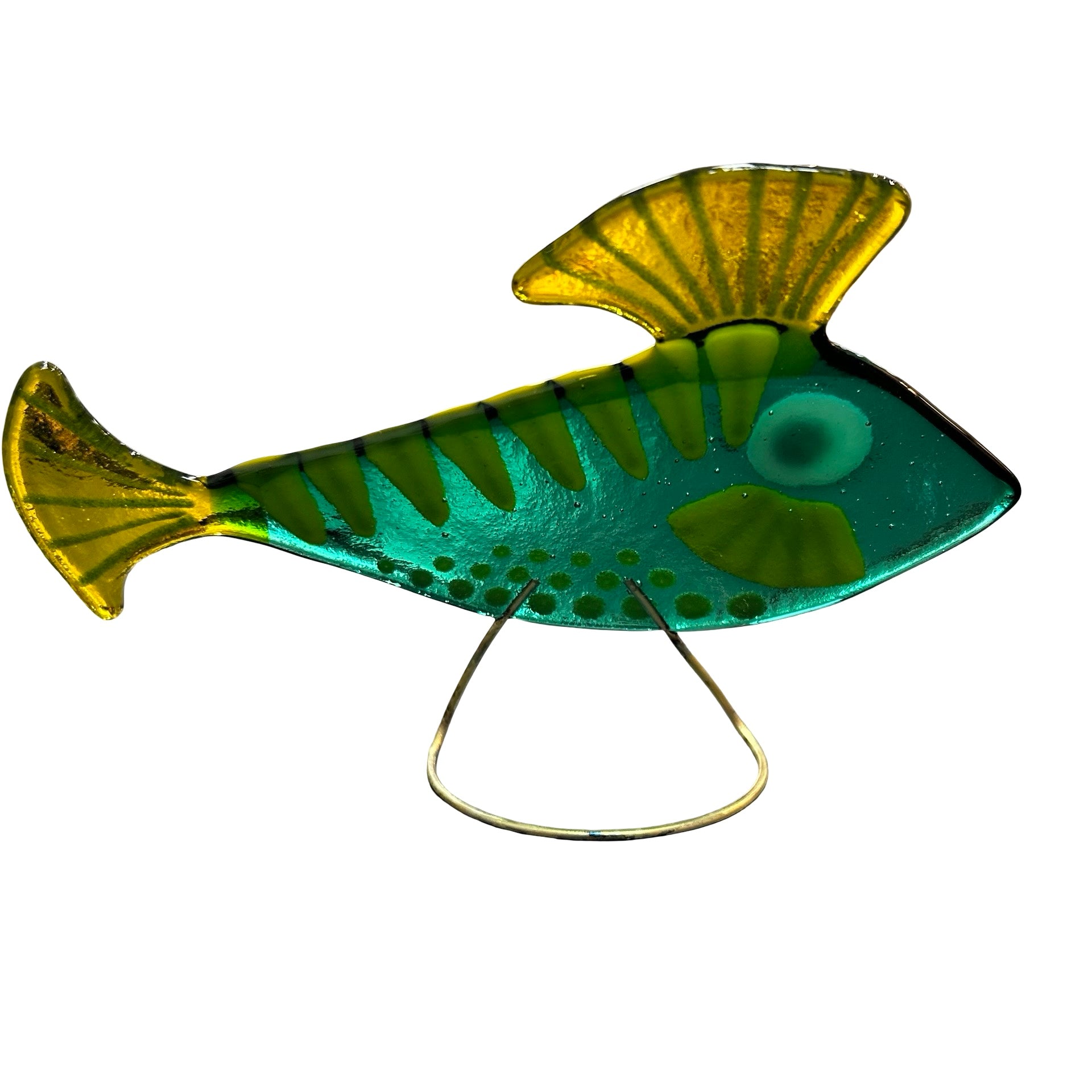 Glass fish with green and gold colors on a white background.
