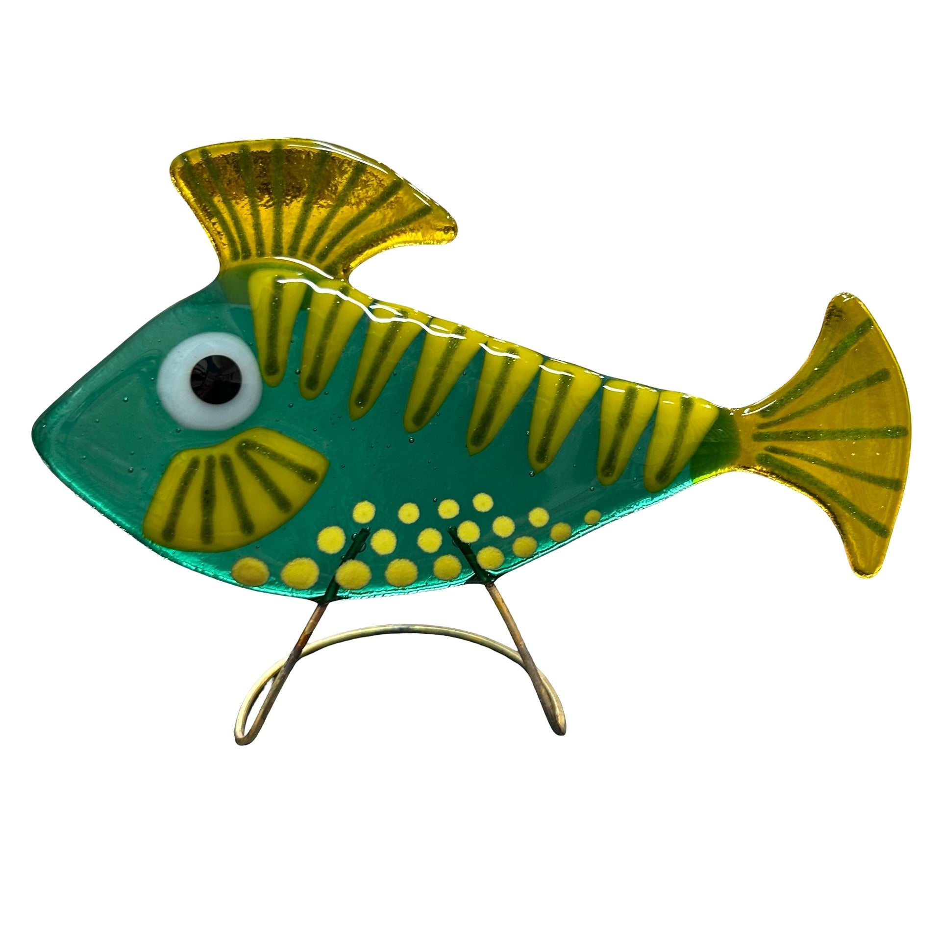 Decorative fish figure with green body and yellow accents on a white background.
