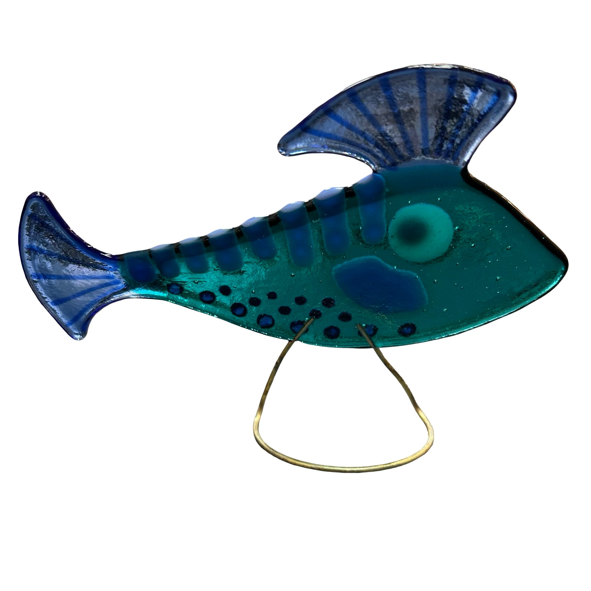 Turquoise glass fish with blue details on a white background.