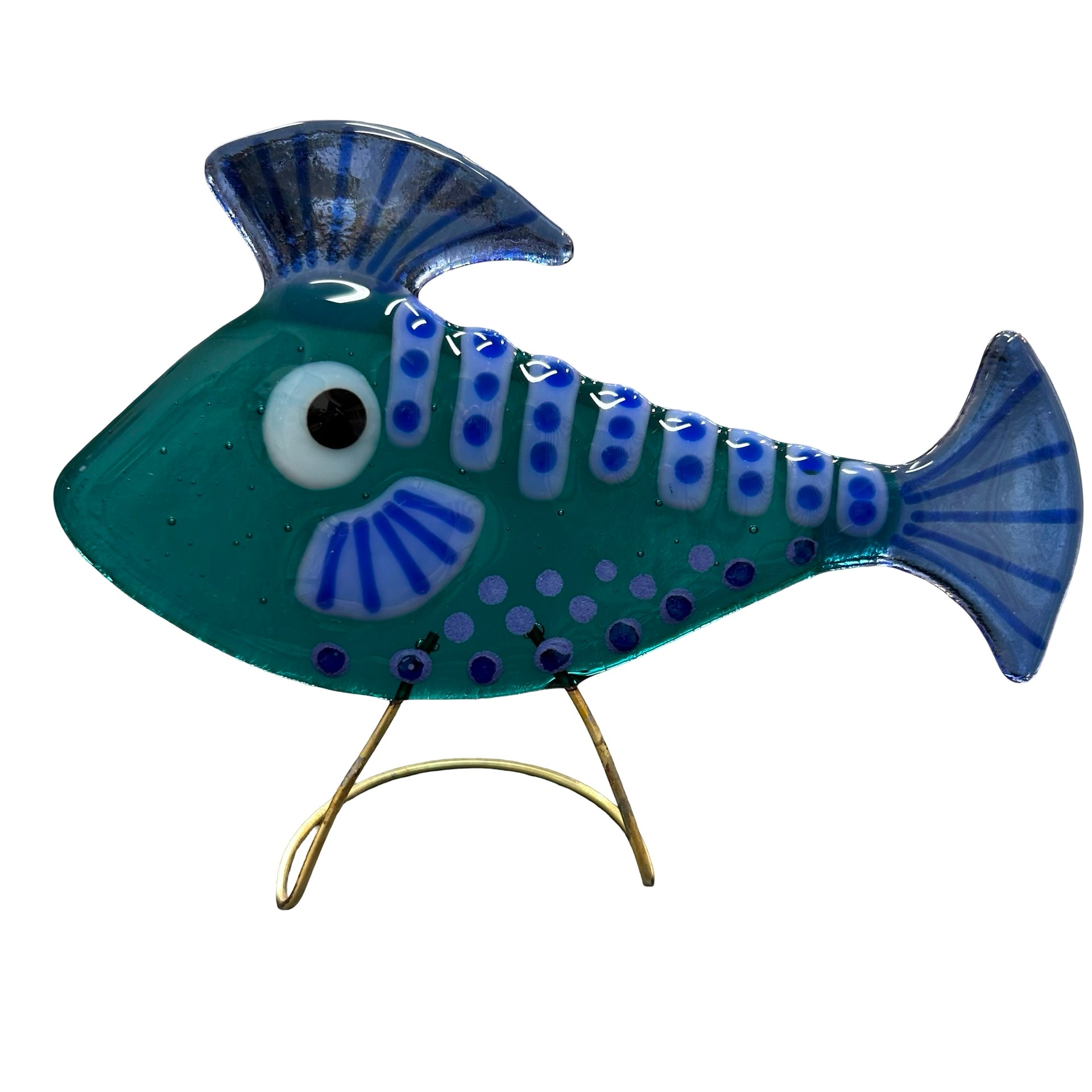 Decorative fish figure with blue and green colors on a white background.