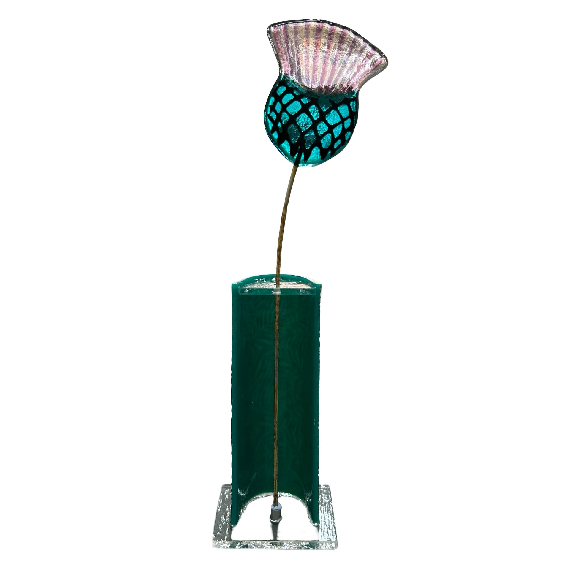 Decorative vase with a glass thistle flower on a white background.
