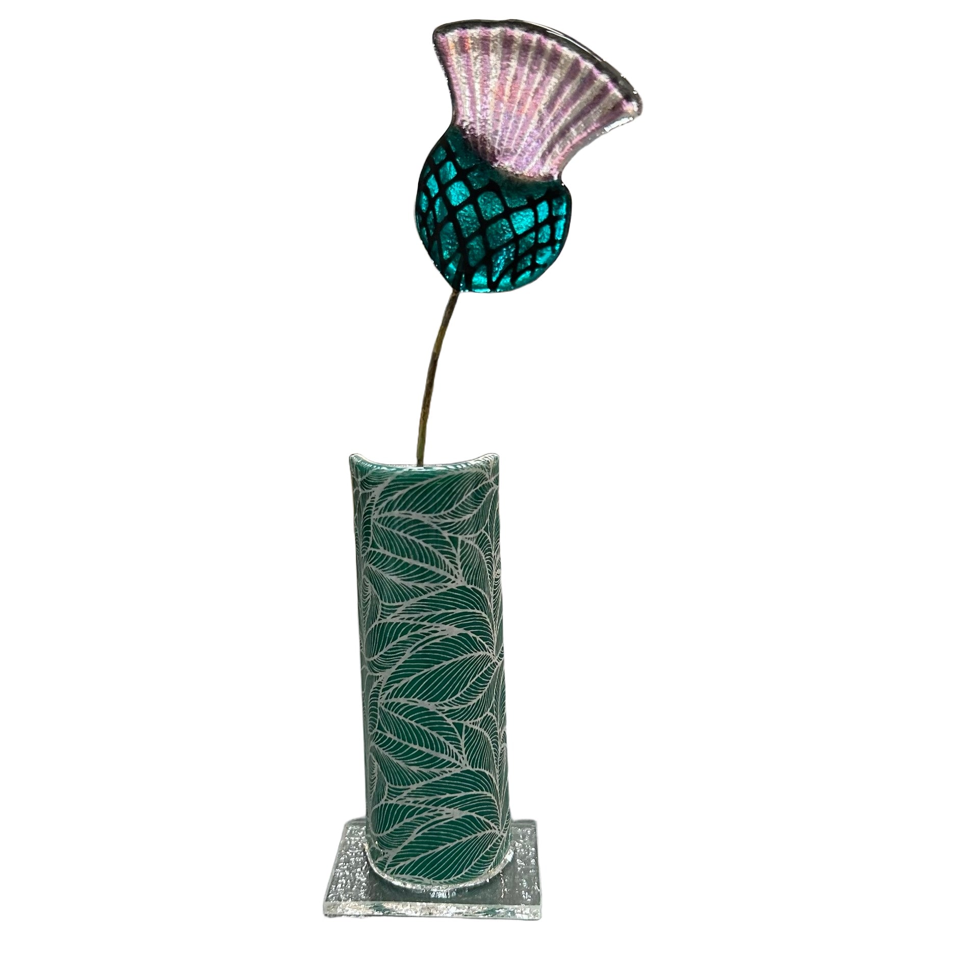 Decorative vase with a unique leaf design, and a glass thistle on a white background.