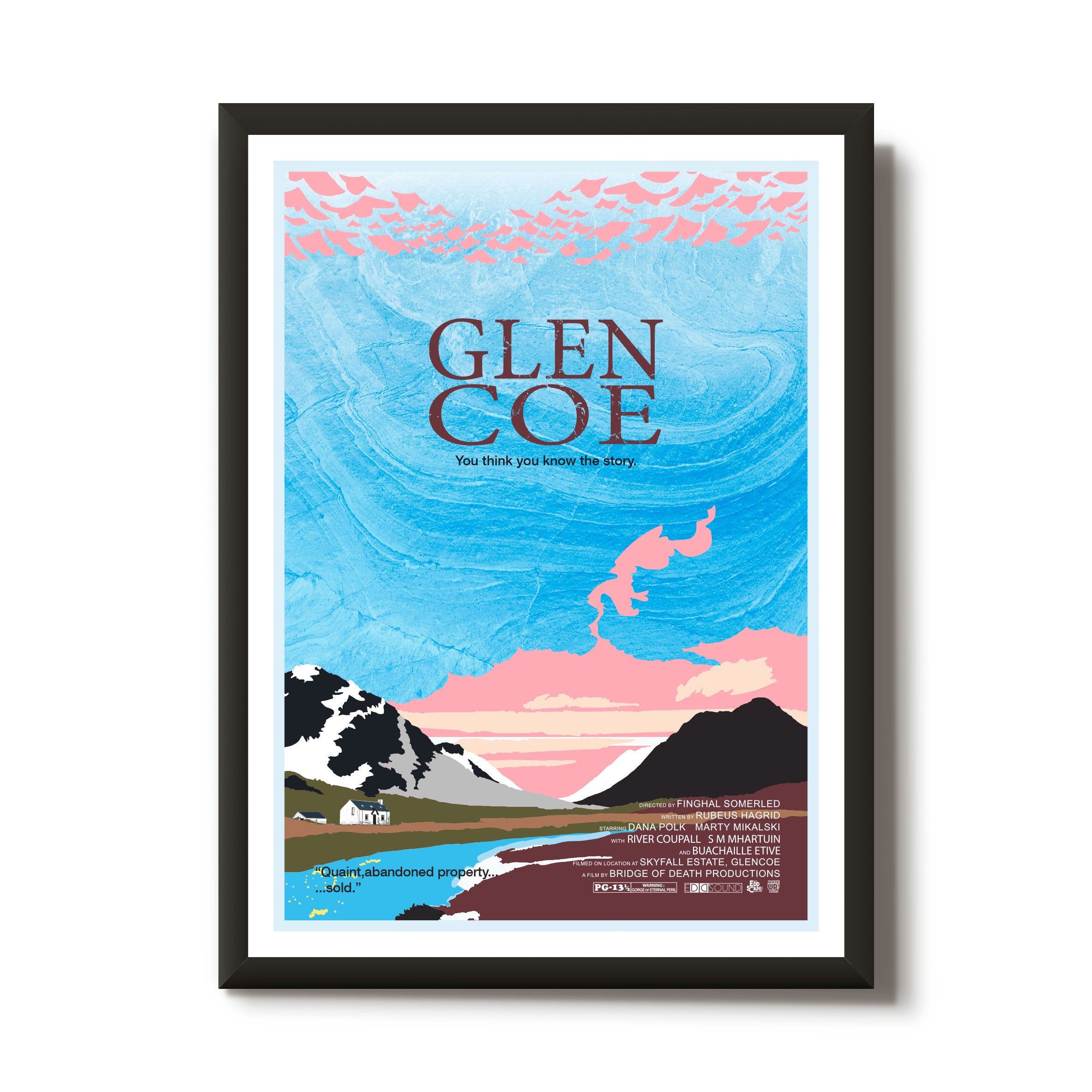 This print features a movie poster design that illustrates the Glen Coe, Scotland. 