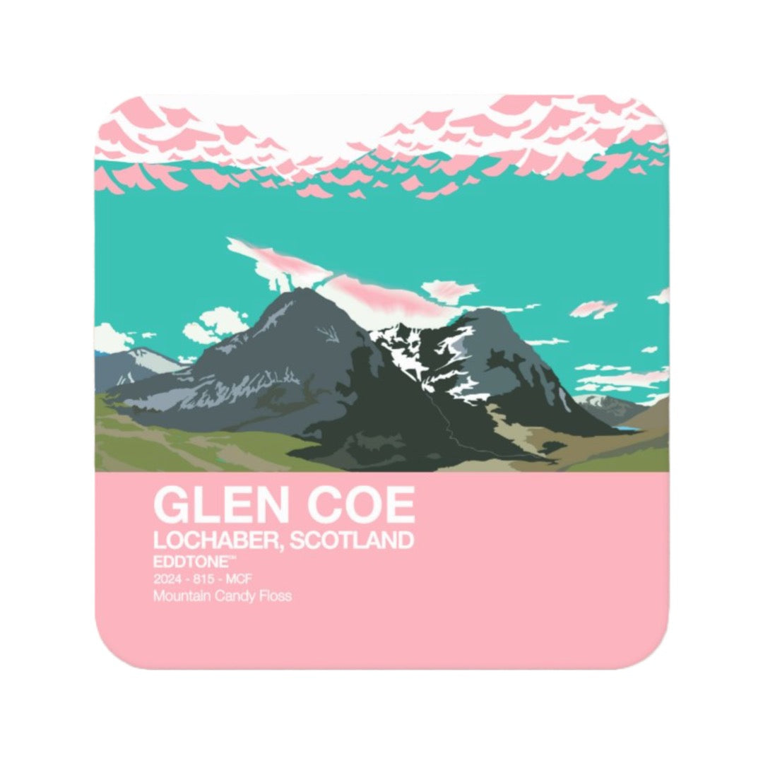 Coaster featuring an illustration of the 3 sisters mountains in Glen Coe, Scotland. 