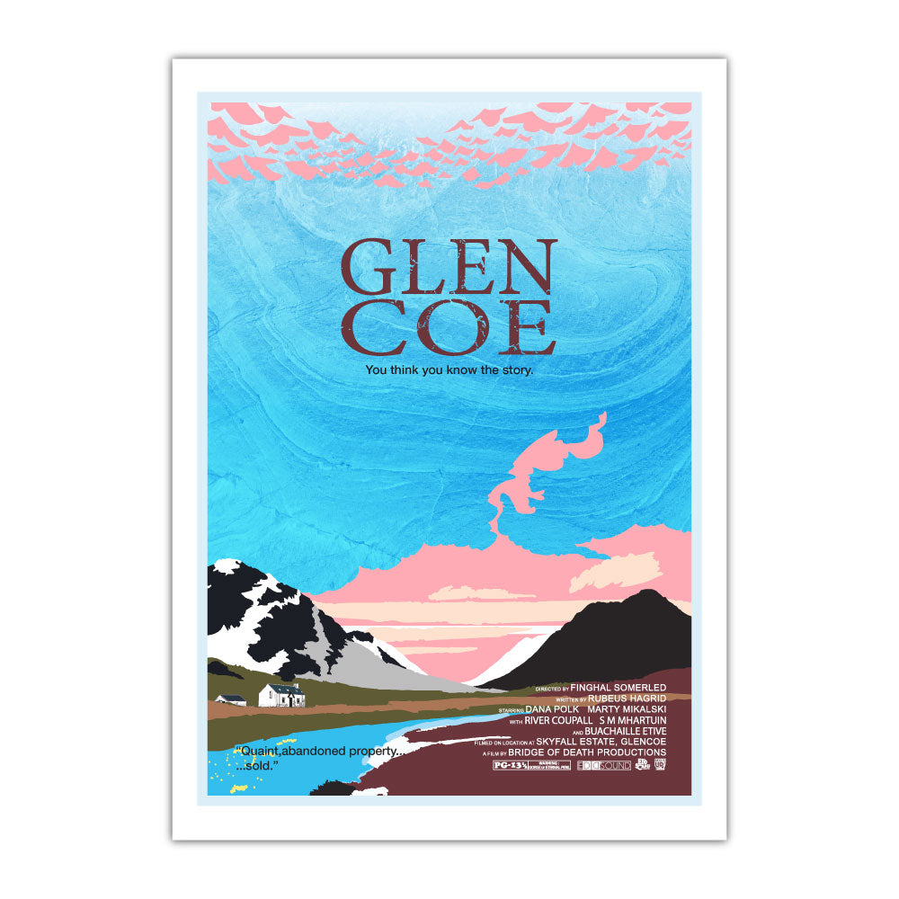 This print features a movie poster design that illustrates the Glen Coe, Scotland.