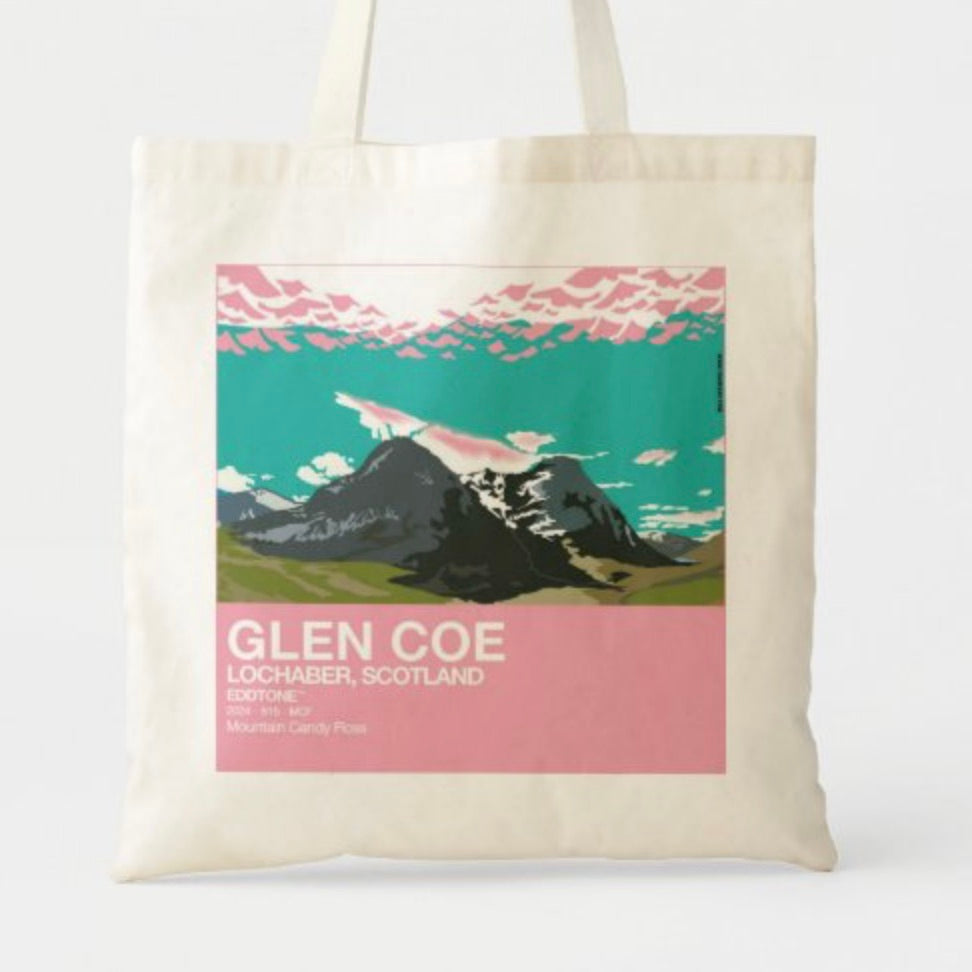 This is a tote bag with a square design featuring an illustration of Glen Coe in Lochaber, Scotland