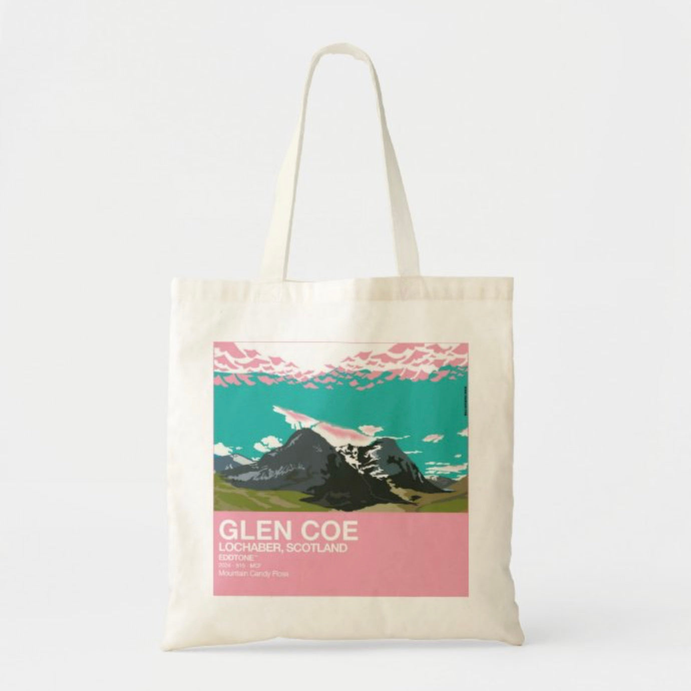 This is a tote bag with a square design featuring an illustration of Glen Coe in Lochaber, Scotland