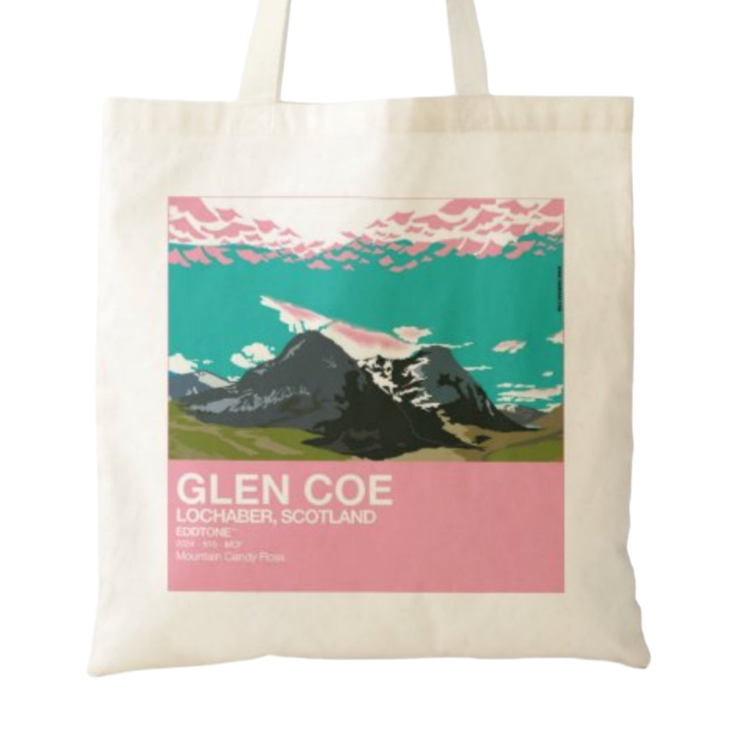 This is a tote bag with a square design featuring an illustration of Glen Coe in Lochaber, Scotland