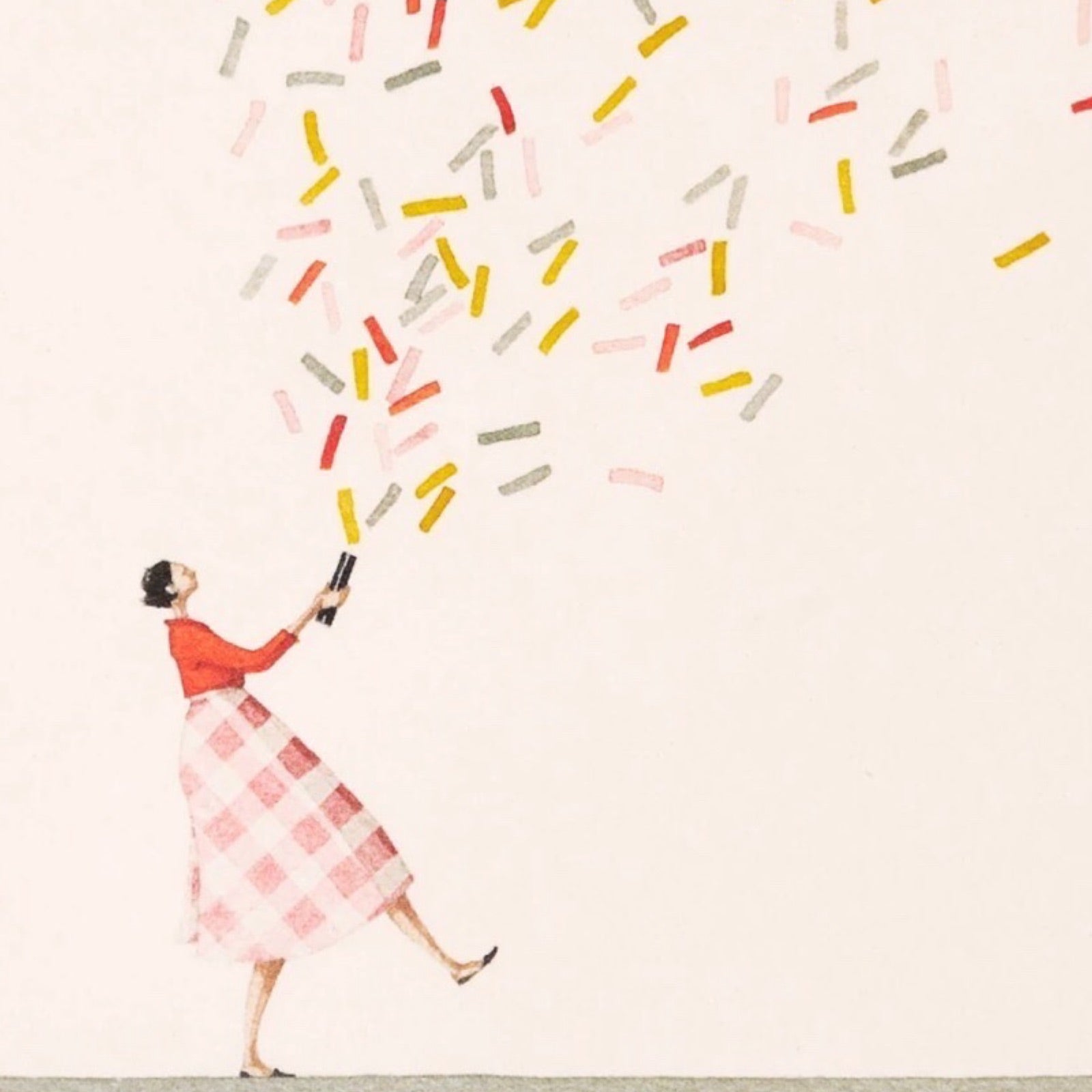 New baby card featuring a lady who has set off a giant glitter bomb.