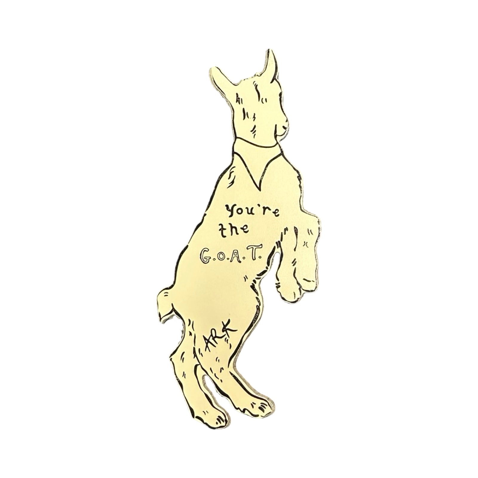 A cream leather bookmark in the shape of a goat, who is wearing a green neck tie, with the text 'you're the G.O.A.T' on the back. 