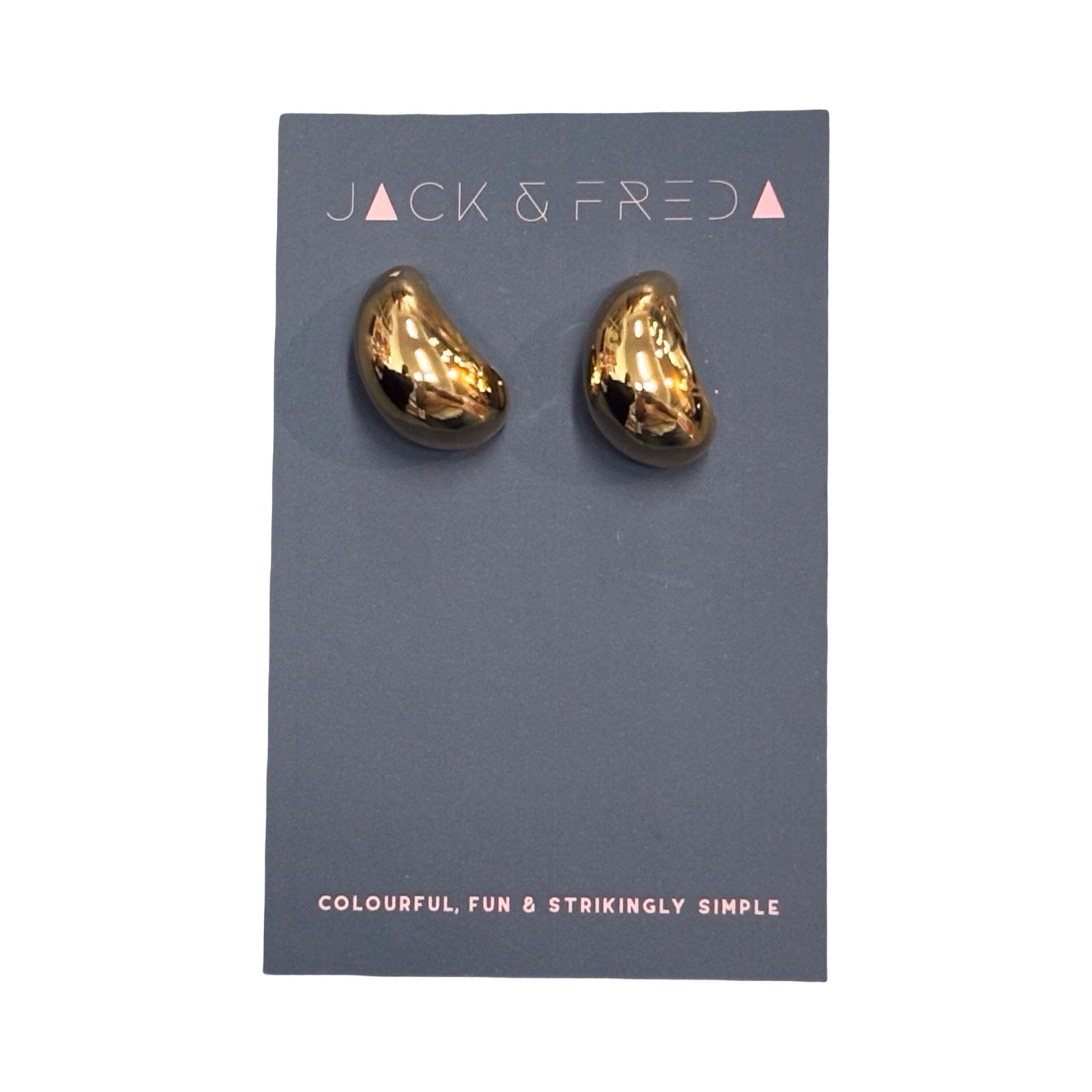 Gold earrings on a Jack & Fred branded card with a blue background.