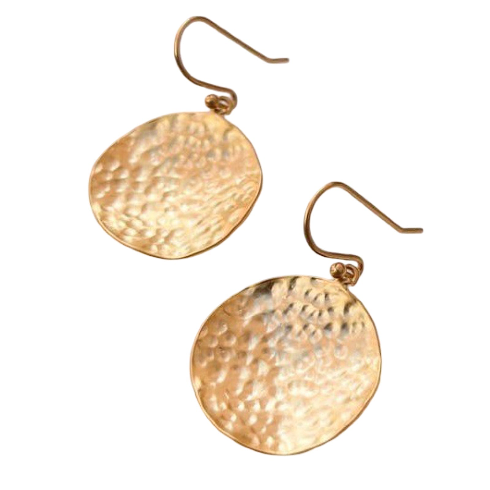 Pair of gold coin hammered earrings on a white background.