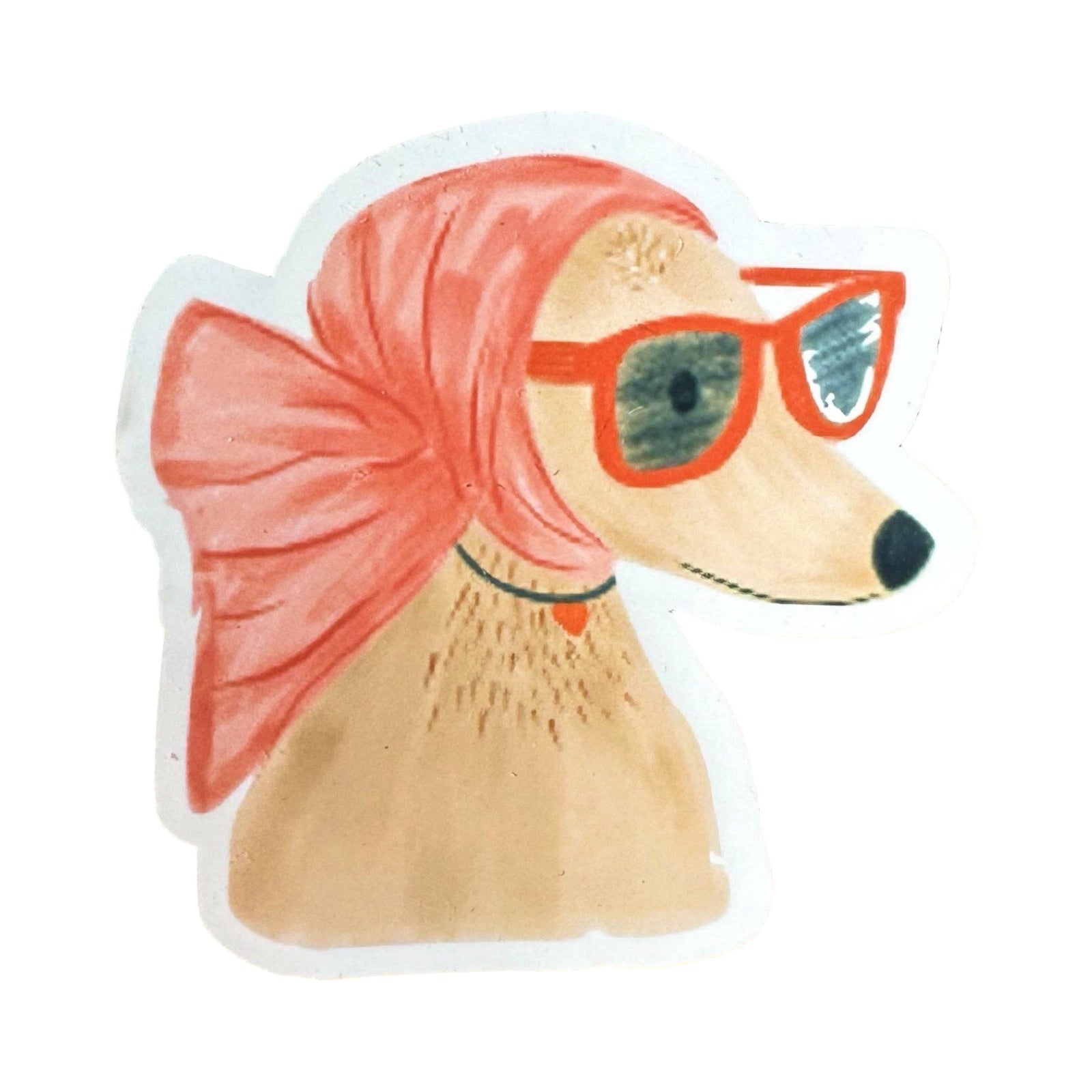 Sticker of a dog wearing a pink headscarf and red sunglasses on a white background.