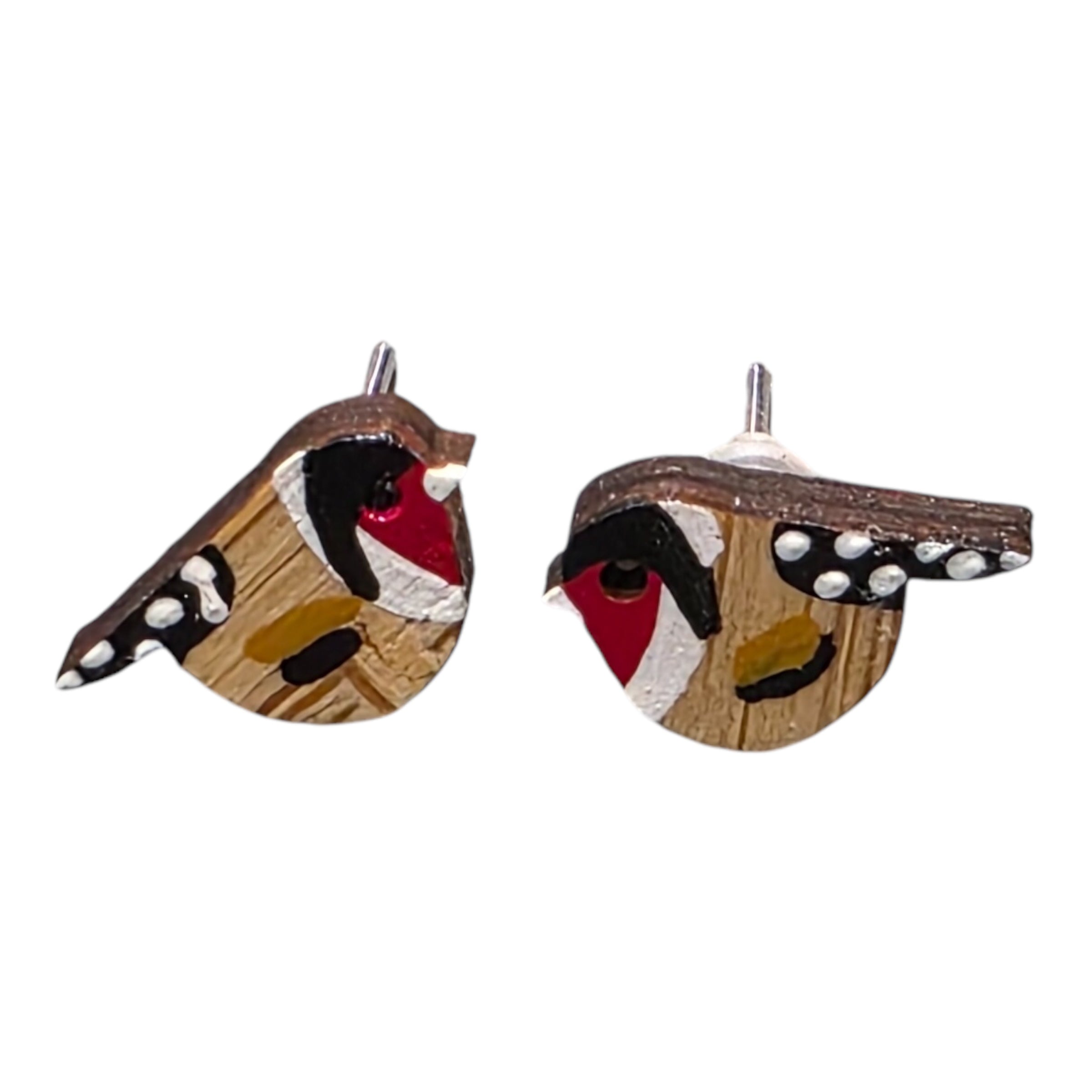 Red, white and black goldfinch bird-shaped stud earrings.