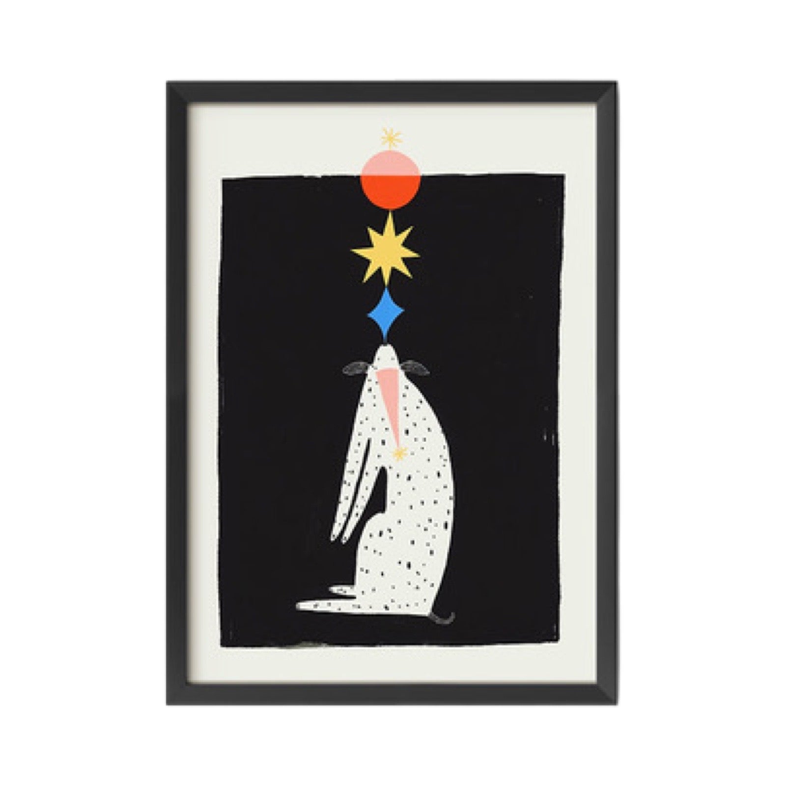 Print featuring an illustration of a Dalmatian wearing a pink party hat balancing a blue diamond, a yellow star and a red balloon on his nose.
