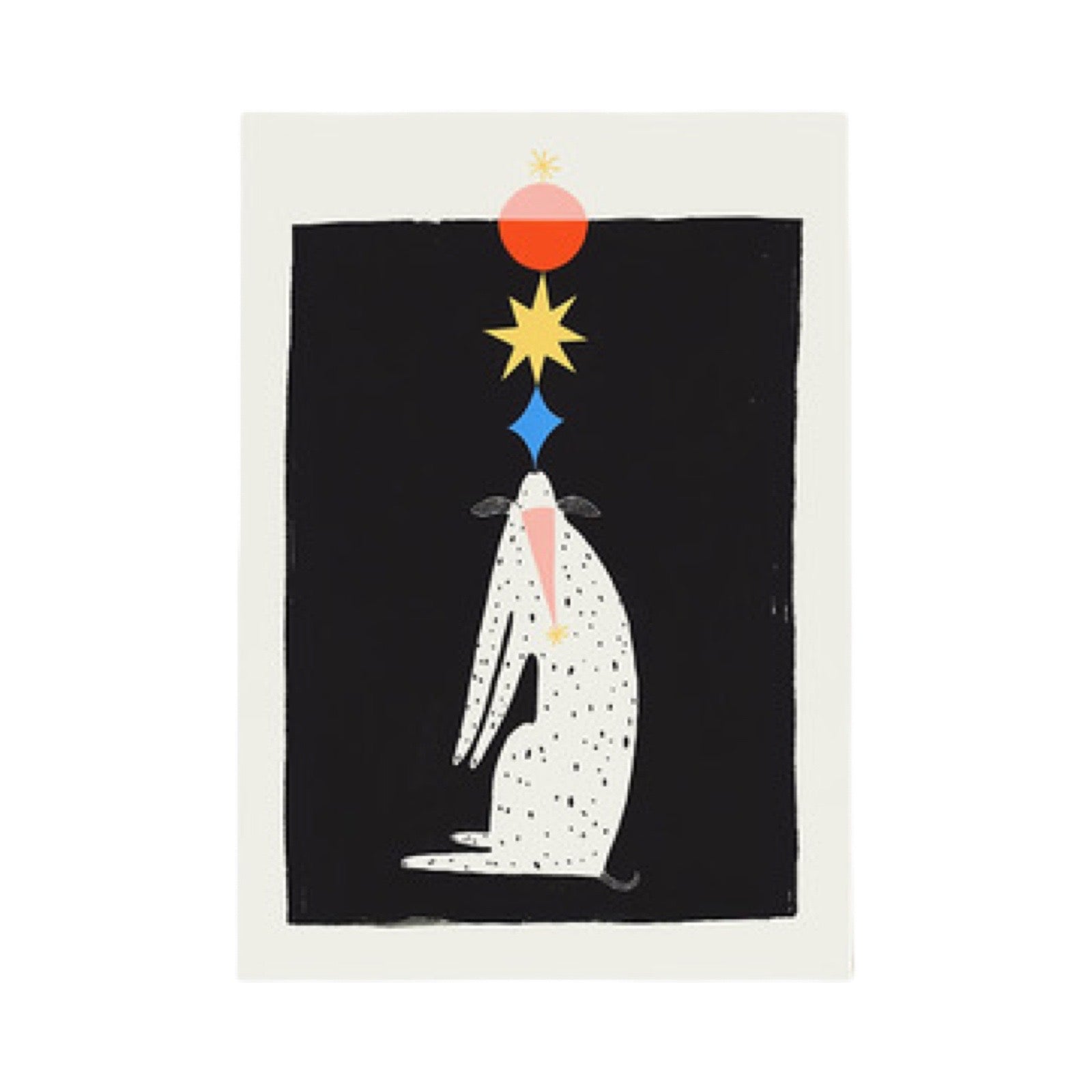 Print featuring an illustration of a Dalmatian wearing a pink party hat balancing a blue diamond, a yellow star and a red balloon on his nose.