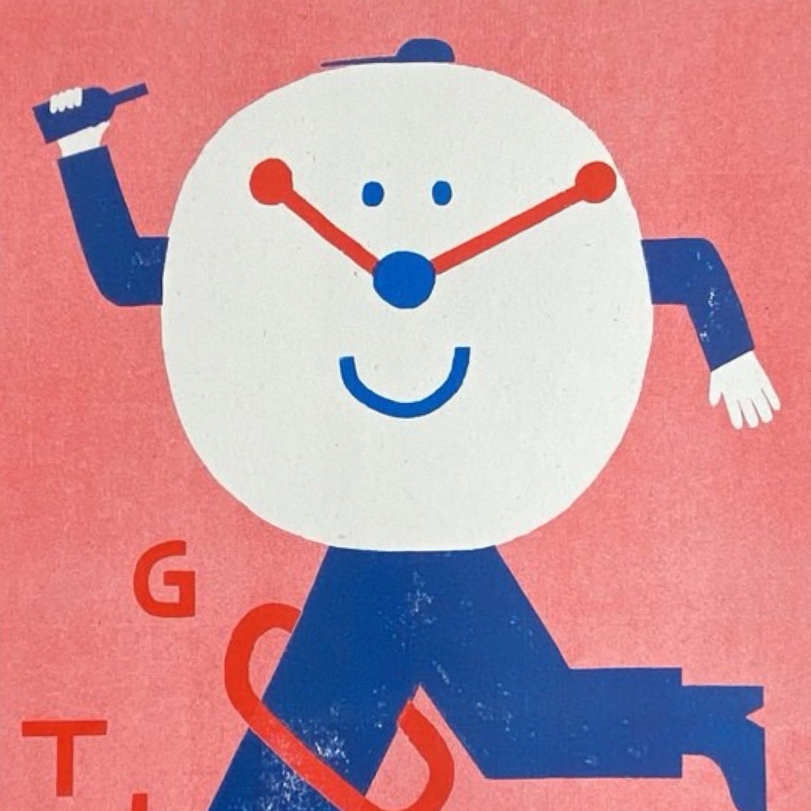 Risograph print of a clock going for a stroll.