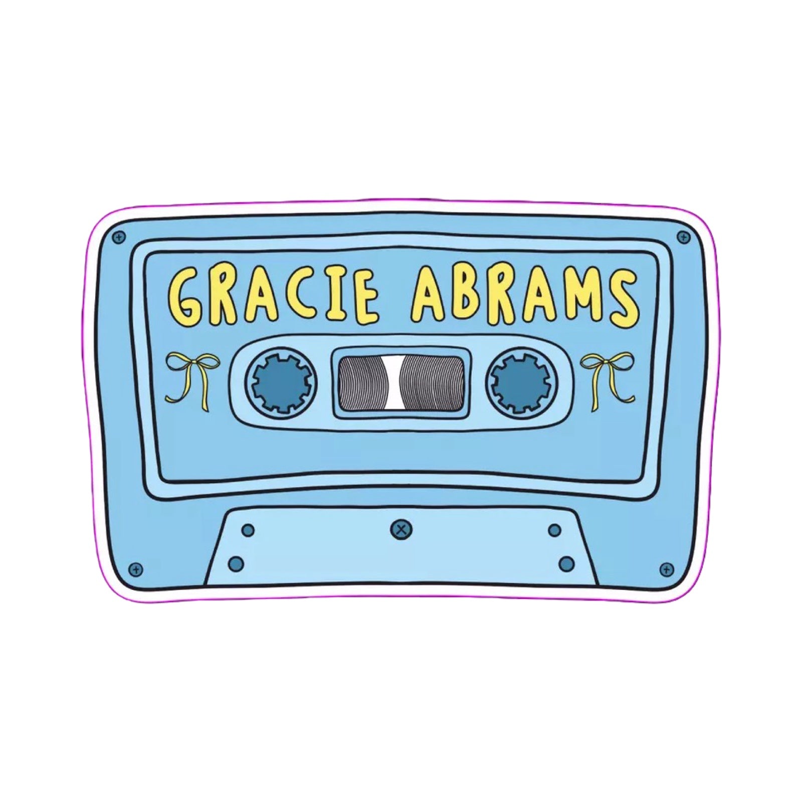 A rectangular-shaped sticker featuring an illustration of a retro cassette tape in shades of blue with the title 'Gracie Abrams', decorated with yellow bows. 