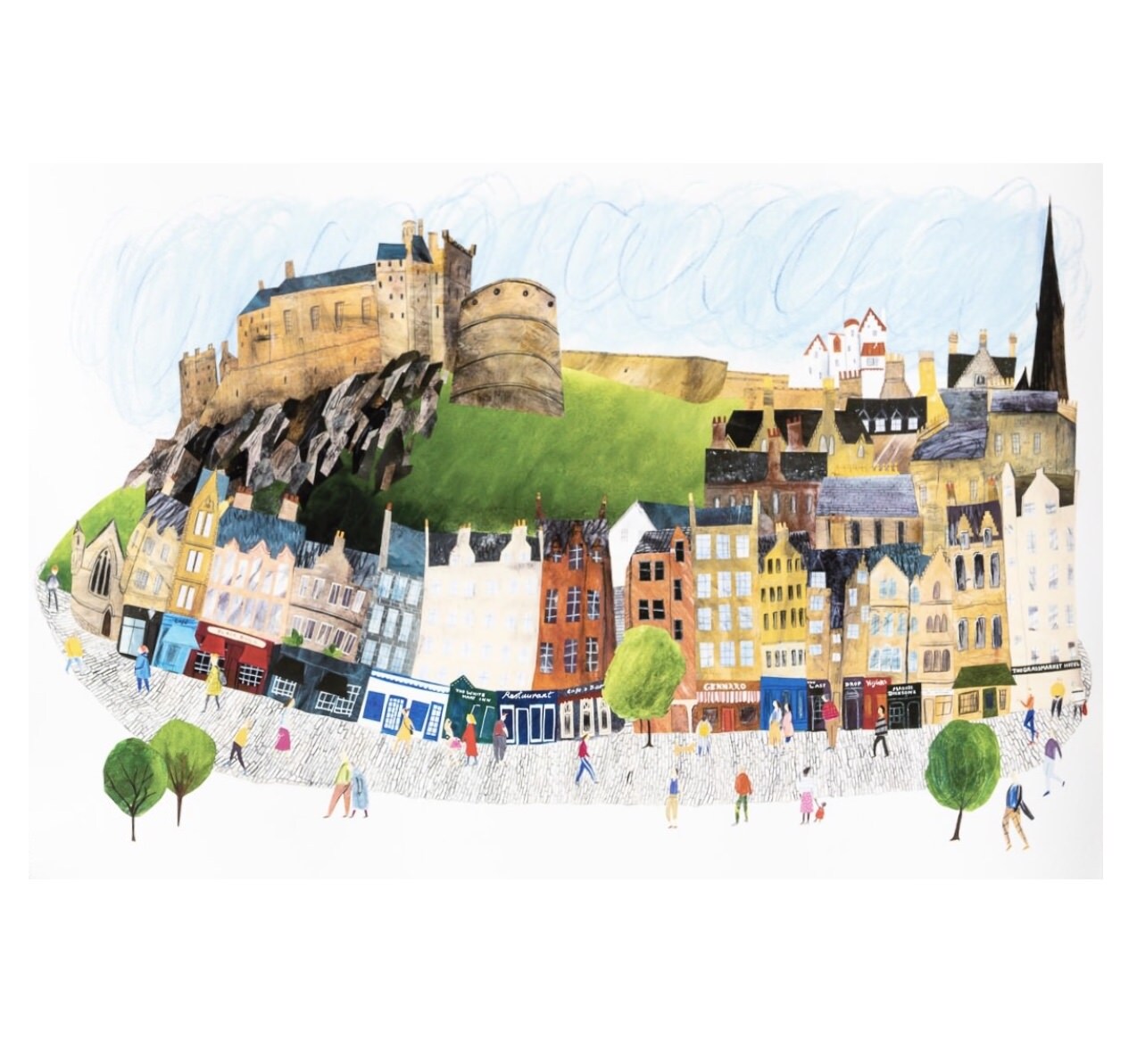 High quality giclée print of the Grassmarket, Edinburgh, one of the cities most vibrant and well loved streets.