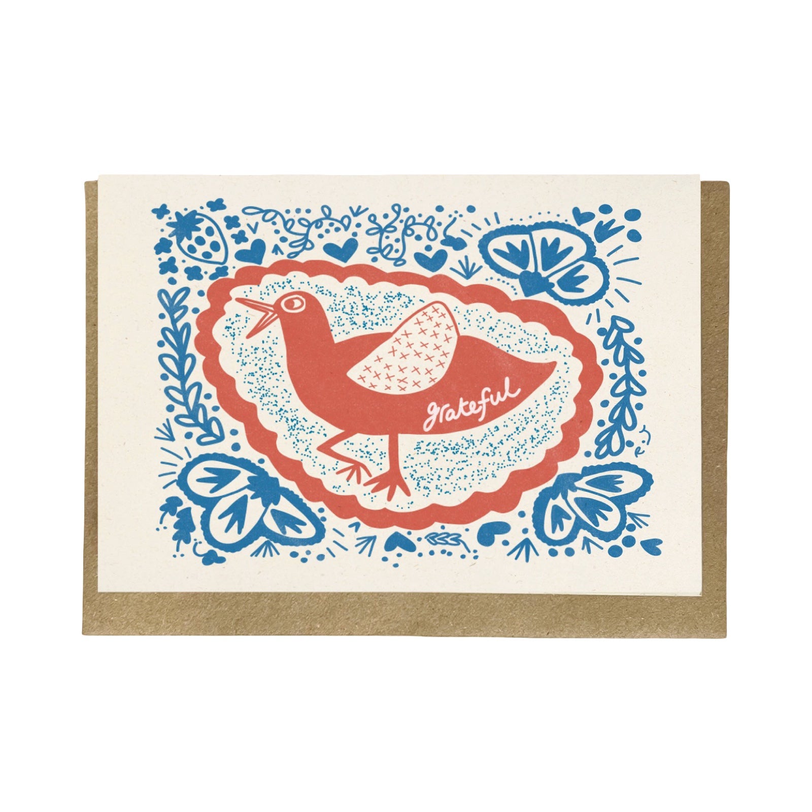 This card features a folk-inspired design of a red bird surrounded by blue flowers and foliage, with the text 'grateful' written on the wing. 