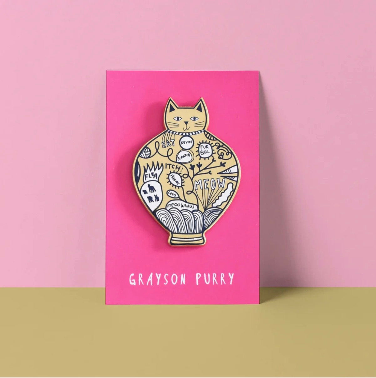 Card with a cat illustration on a pink background, with the text 'Grayson Purry'.
