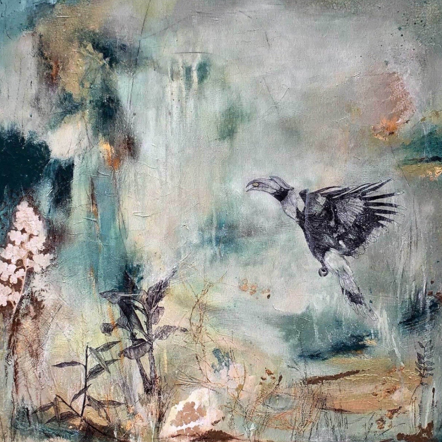 Abstract painting of a bird in flight with natural elements.