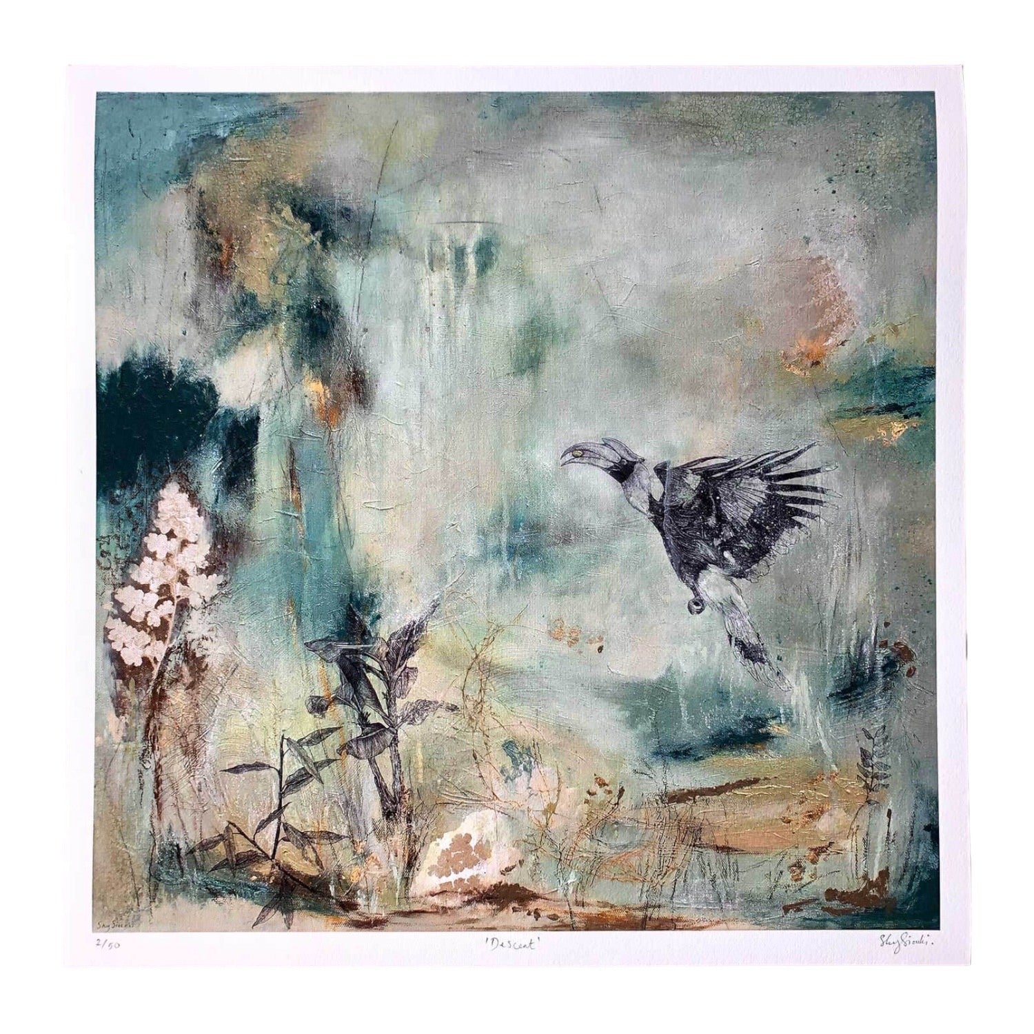 A bird print featuring an illustration of a great hornbill bird in flight among botanical leaves, with shades of teal and mustard.