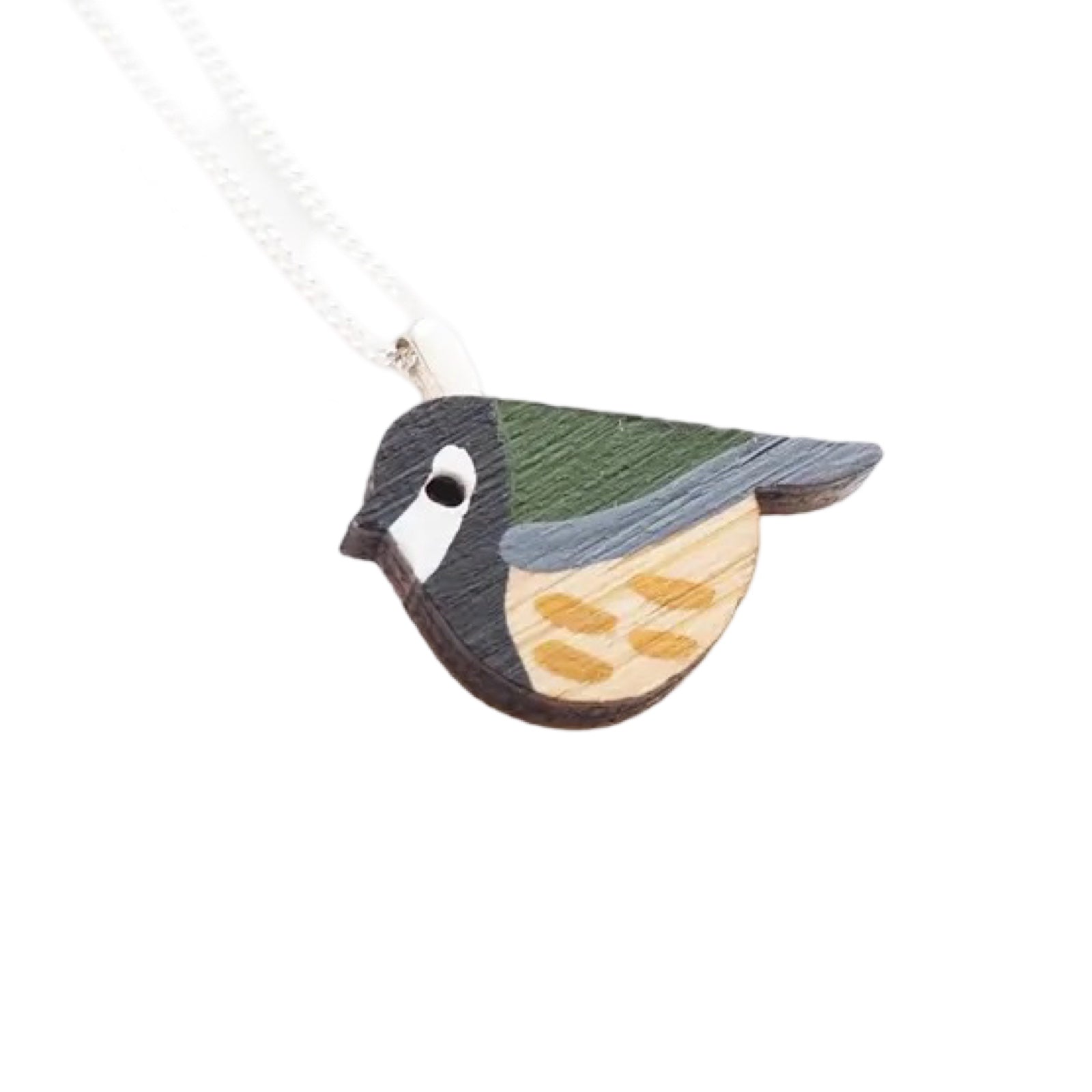 A green and black great tit bird-shaped painted pendant with a sterling silver chain.