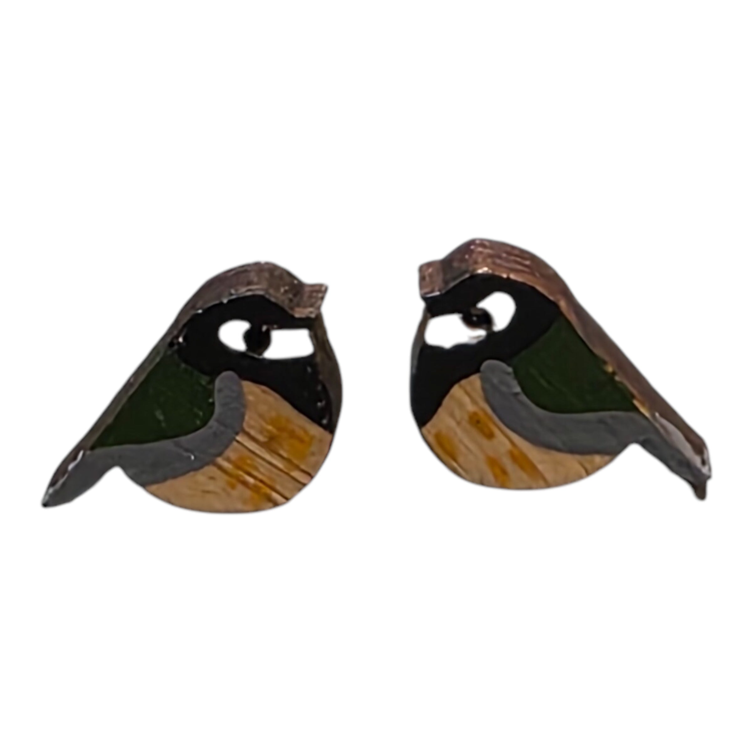 Green and mustard great tit bird-shaped stud earrings.