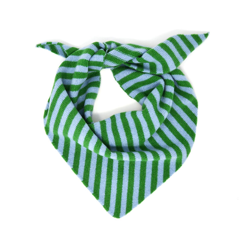 Green and blue striped bandana on a white background.