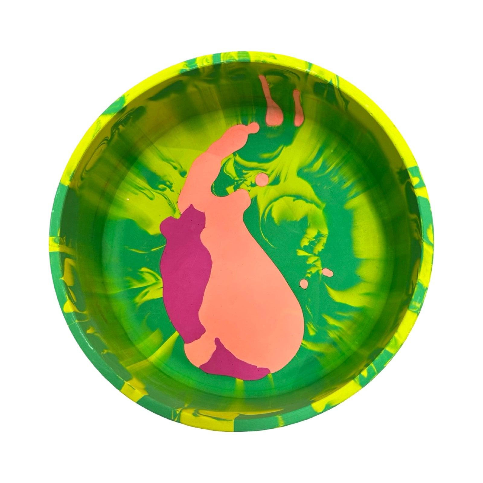 Colourful bowl with green and pink design on a white background.