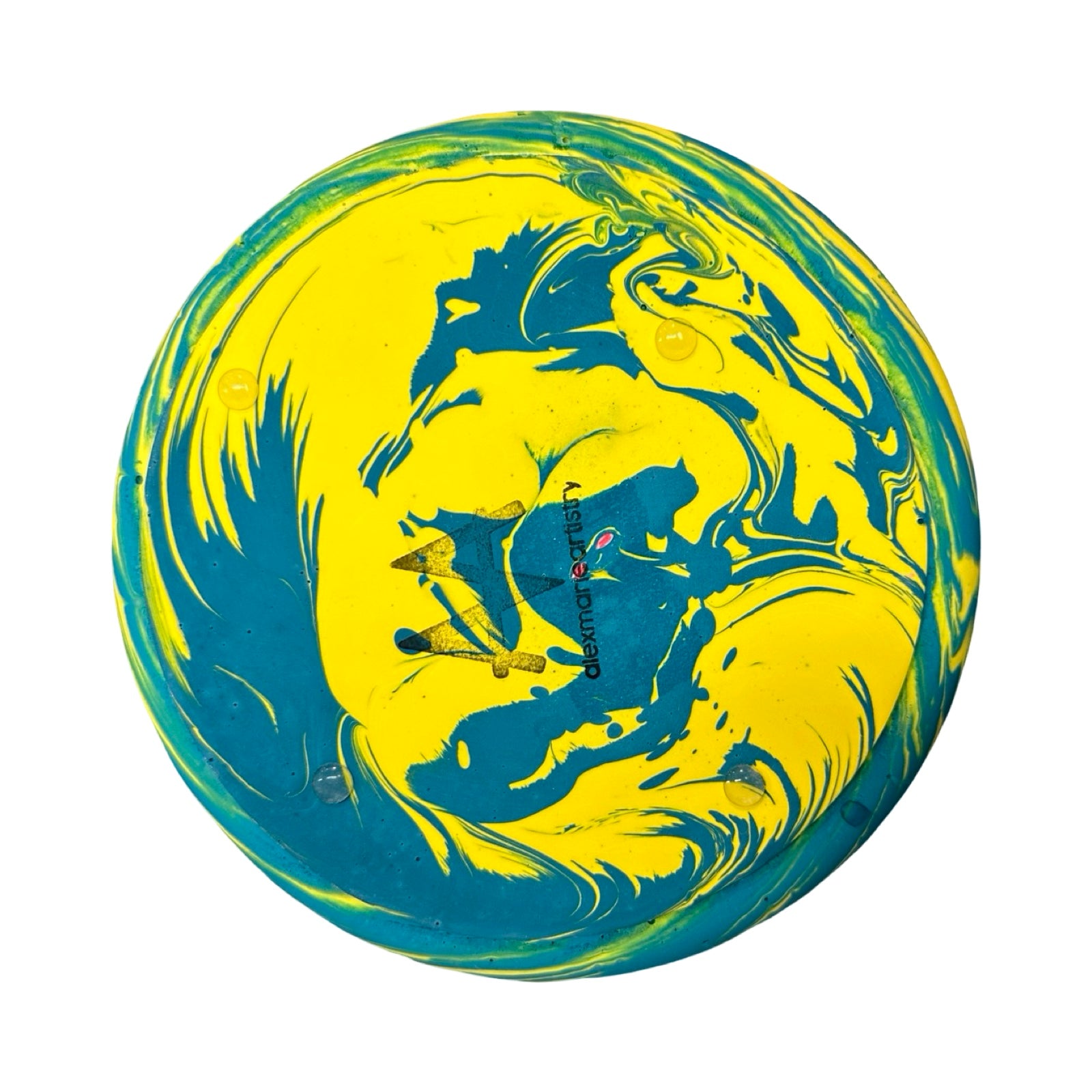 Marbled blue and yellow bowl on a white background.