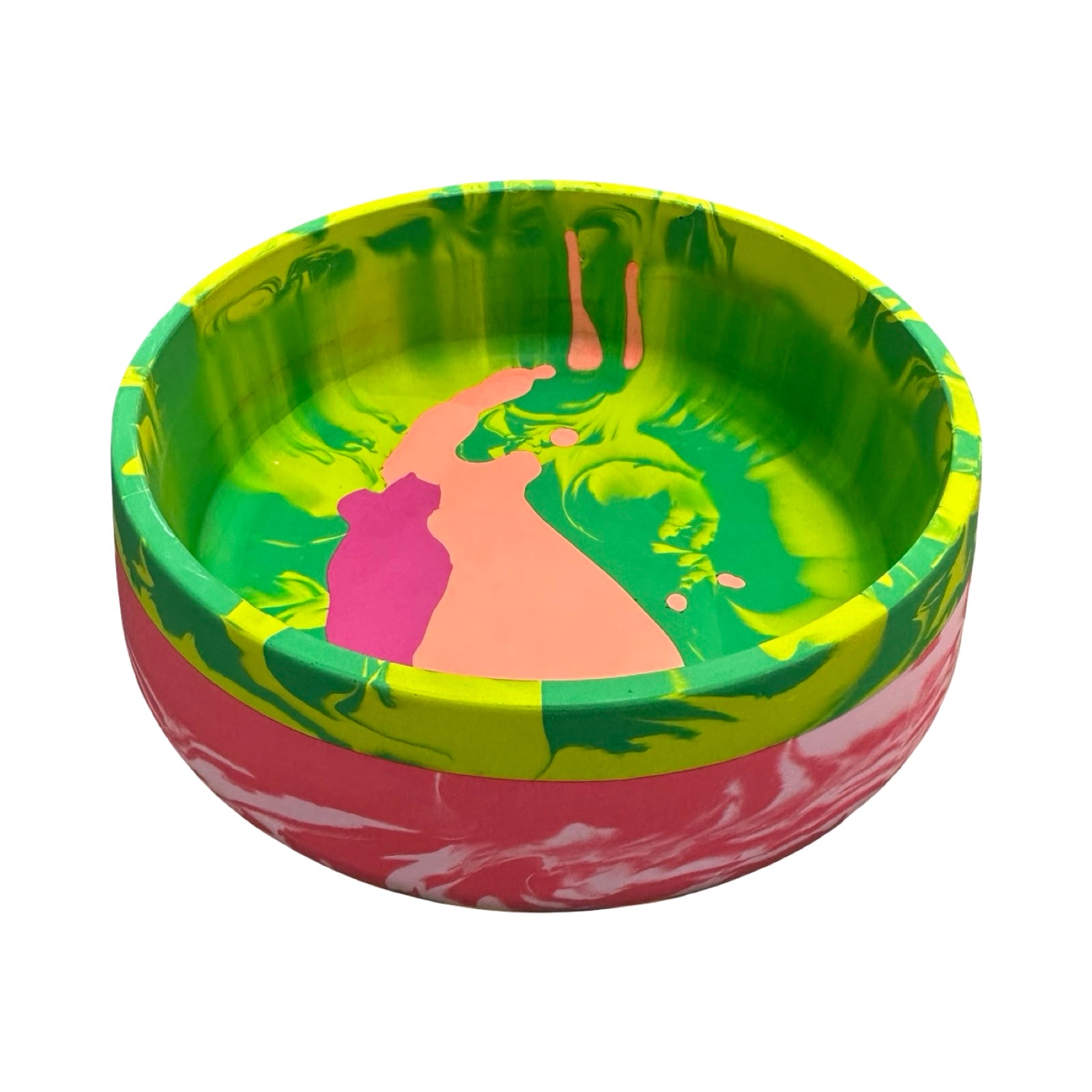 Colourful marbled bowl with pink, green, and red design on a white background.