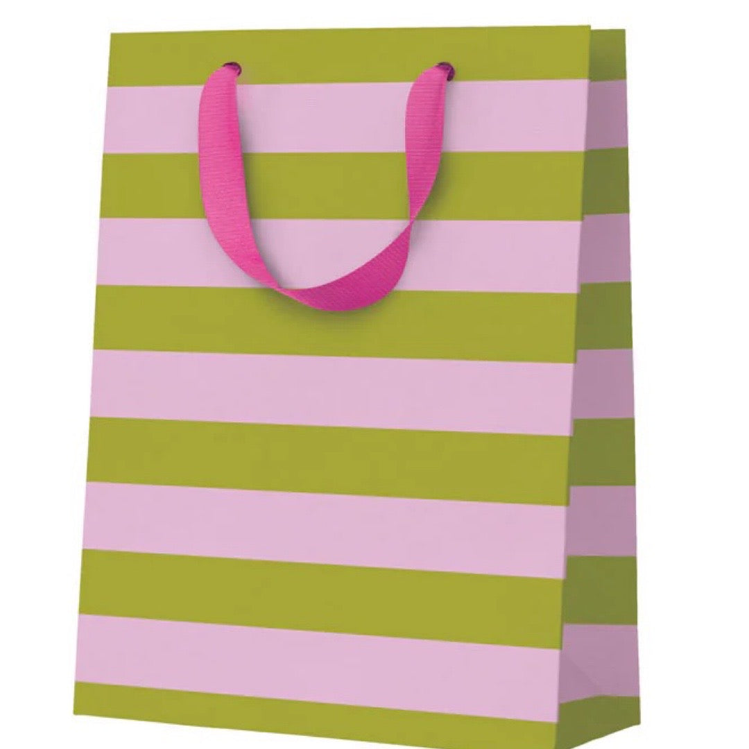 Green and pink striped paper bag with pink handles on a white background.